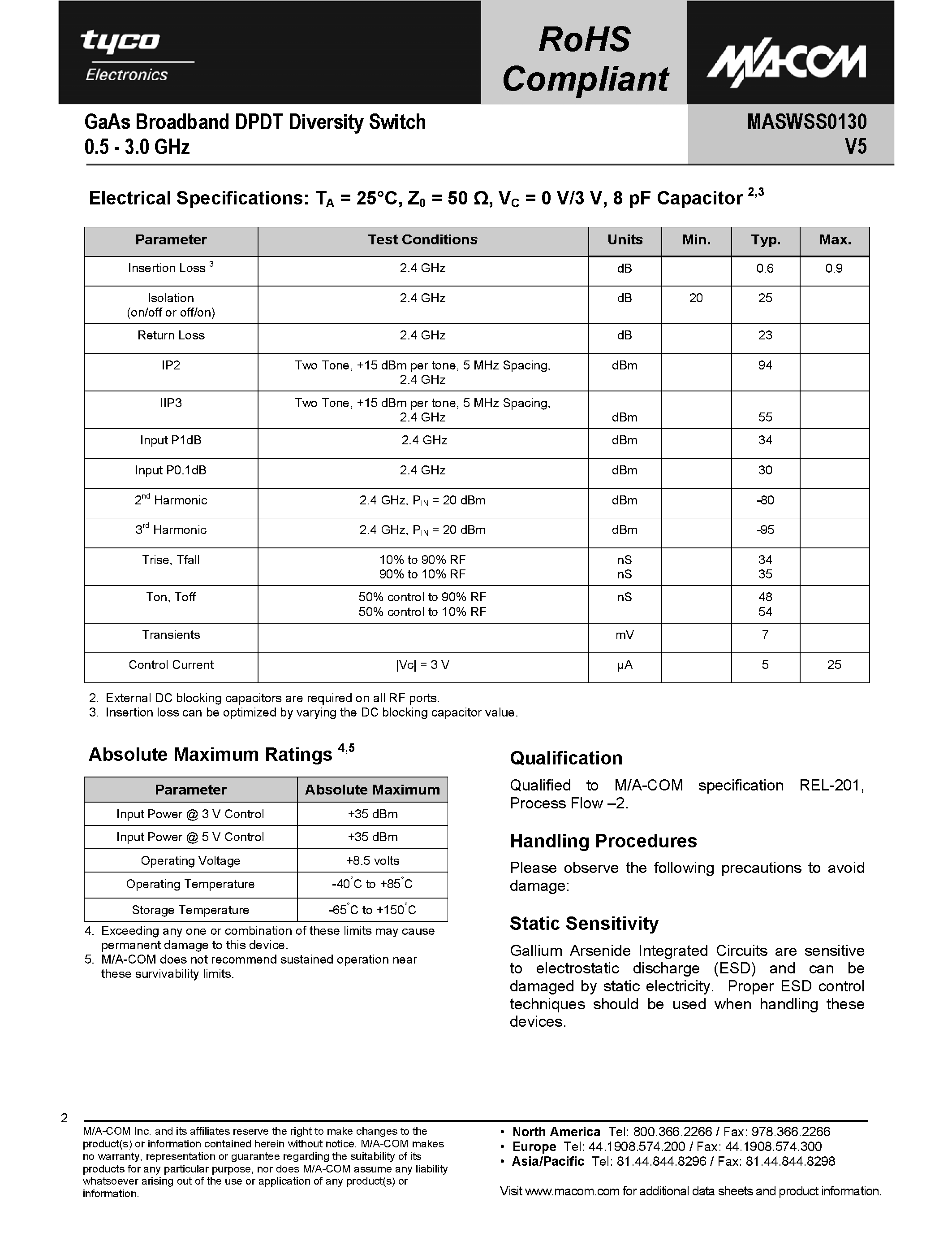 Datasheet MASWSS0130 - GaAs Broadband DPDT Diversity Switch page 2