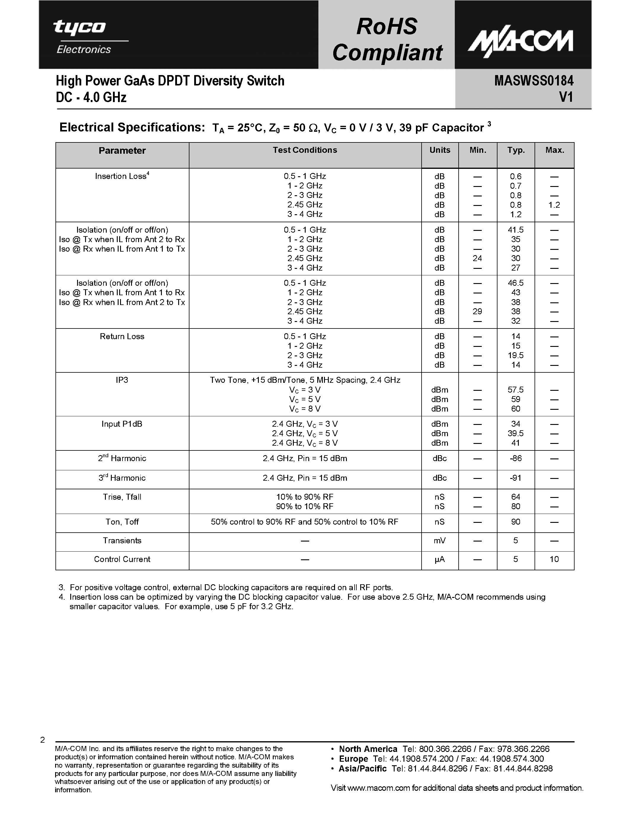 Datasheet MASWSS0184 page 2 Datasheet MASWSS0184 - High Power GaAs DPDT Diversity Switch page 2