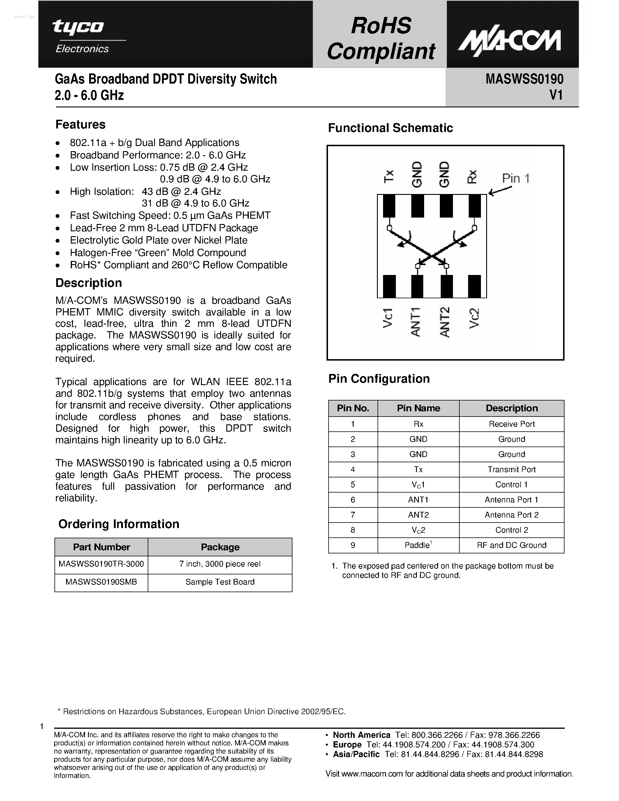 Datasheet MASWSS0190 page 1 Datasheet MASWSS0190 - GaAs Broadband DPDT Diversity Switch page 1