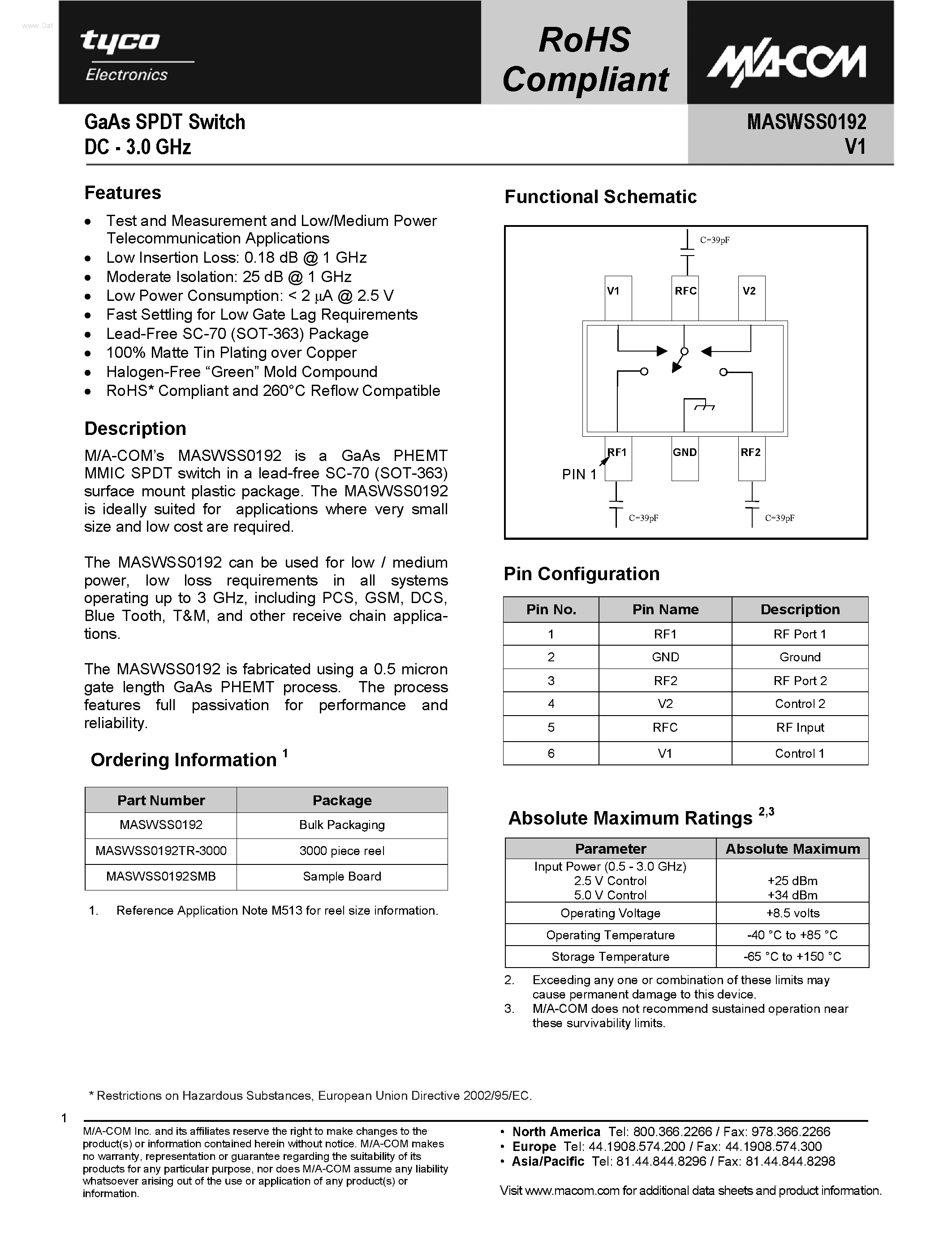 Datasheet MASWSS0192 page 1 Datasheet MASWSS0192 - GaAs SPDT Switch page 1