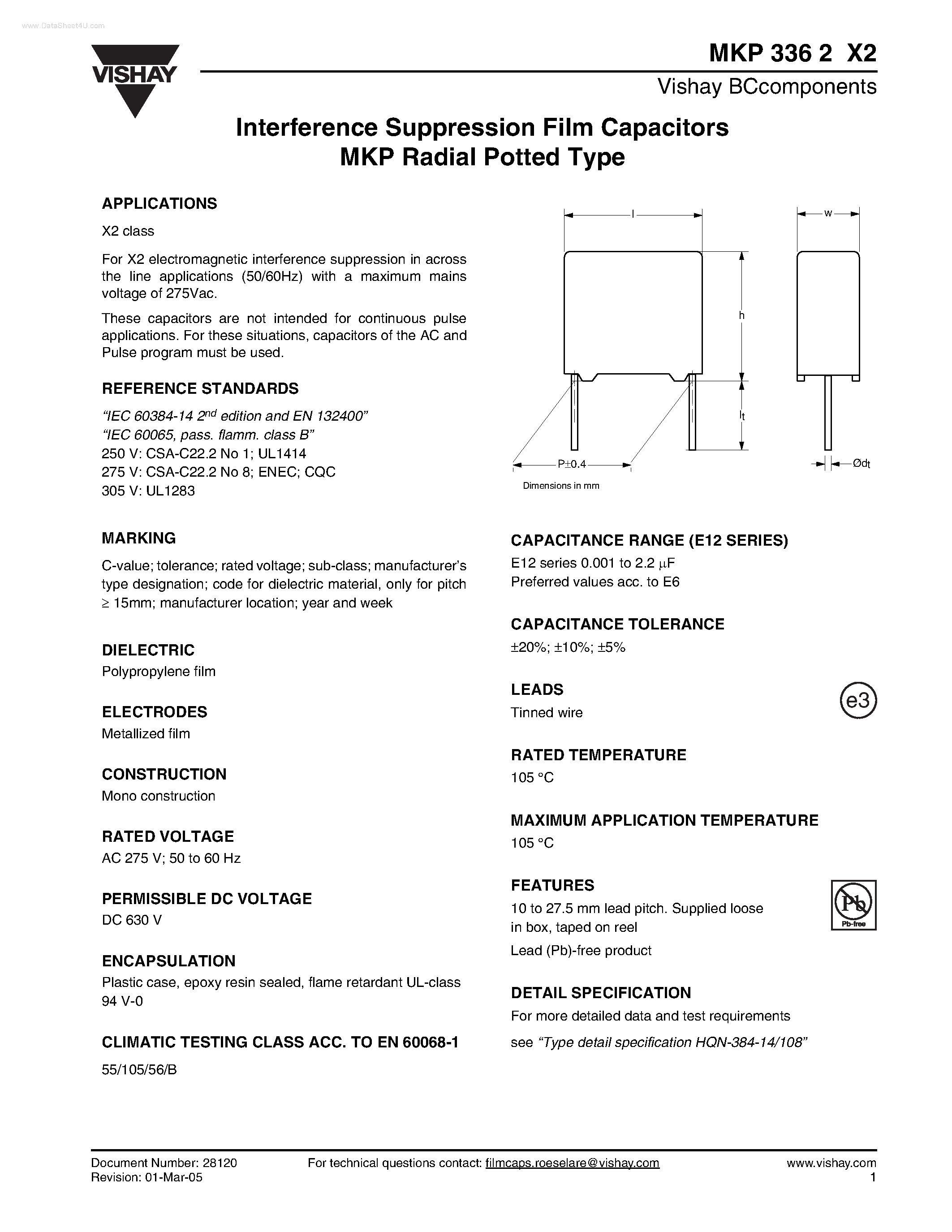 Datasheet MKP3362X2 - Interference Suppression Film Capacitors MKP Radial Potted Type page 1