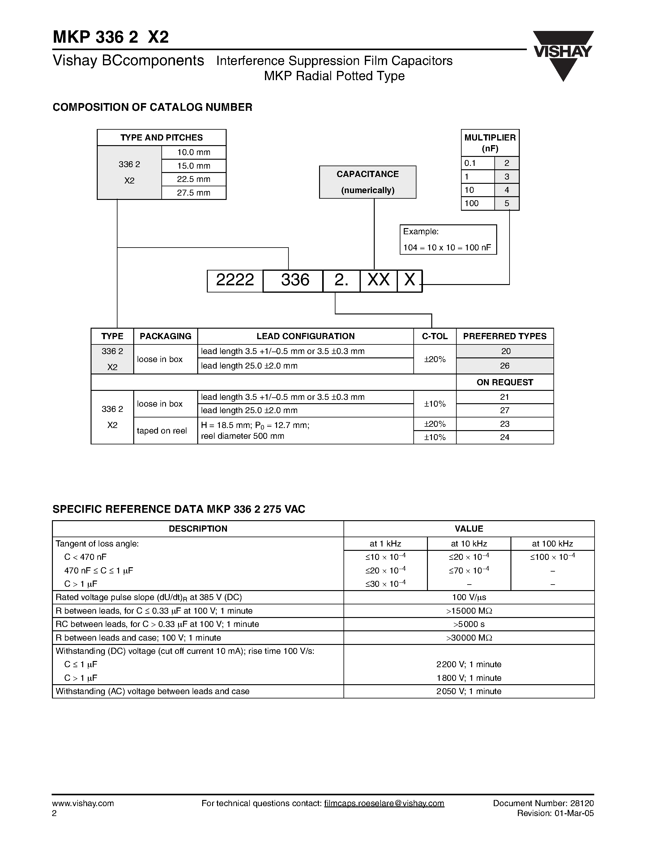 Datasheet MKP3362X2 - Interference Suppression Film Capacitors MKP Radial Potted Type page 2