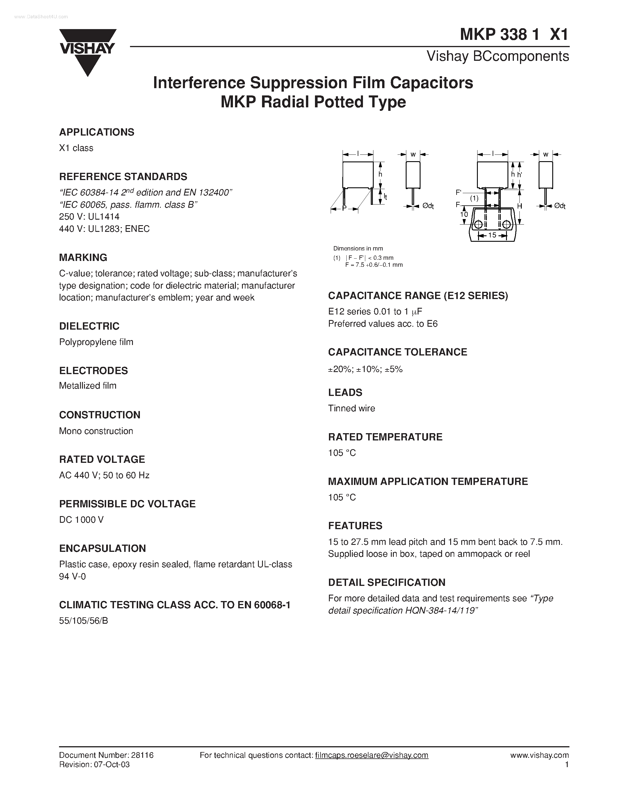 Datasheet MKP3381X1 - Interference Suppression Film Capacitors MKP Radial Potted Type page 1