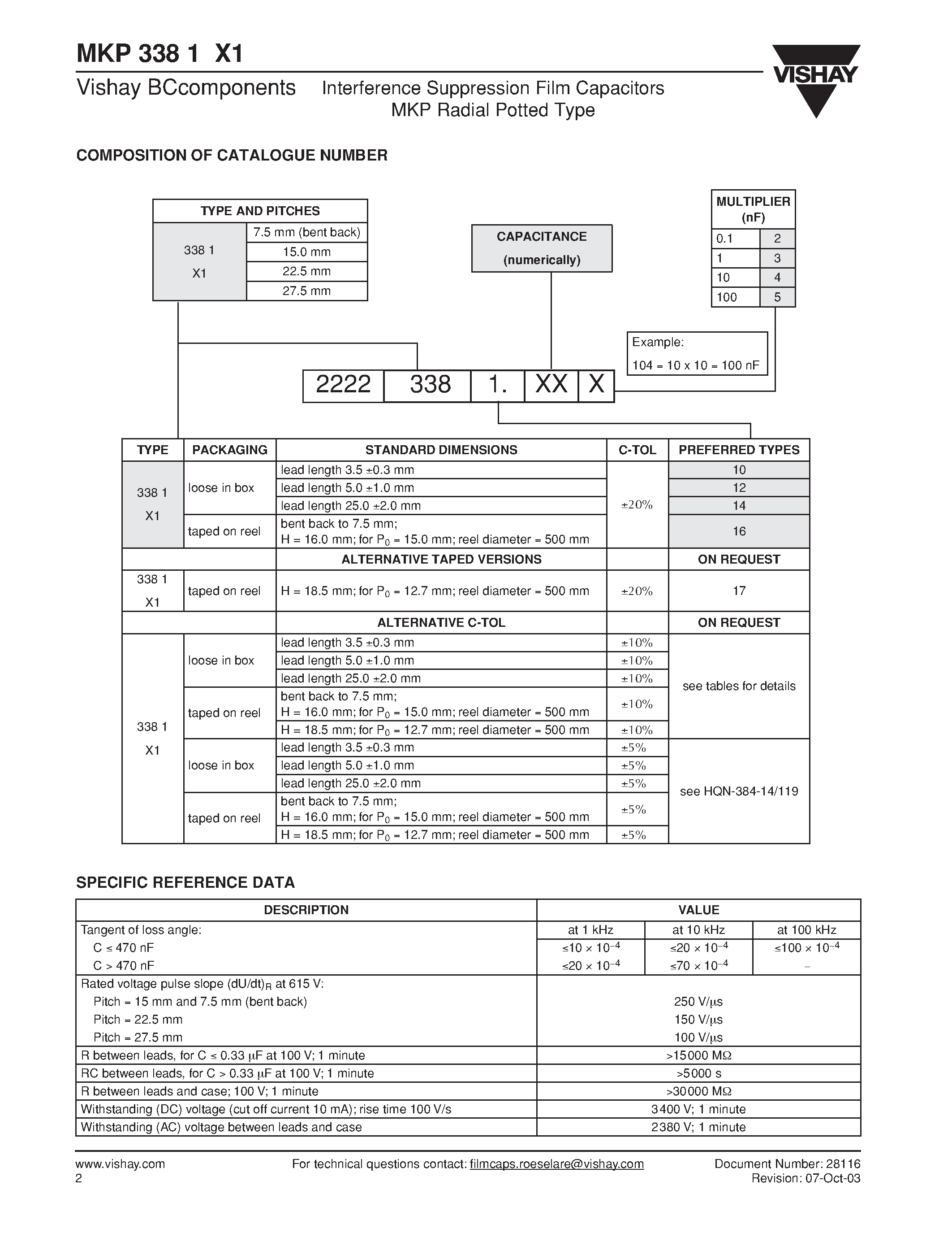 Datasheet MKP3381X1 - Interference Suppression Film Capacitors MKP Radial Potted Type page 2