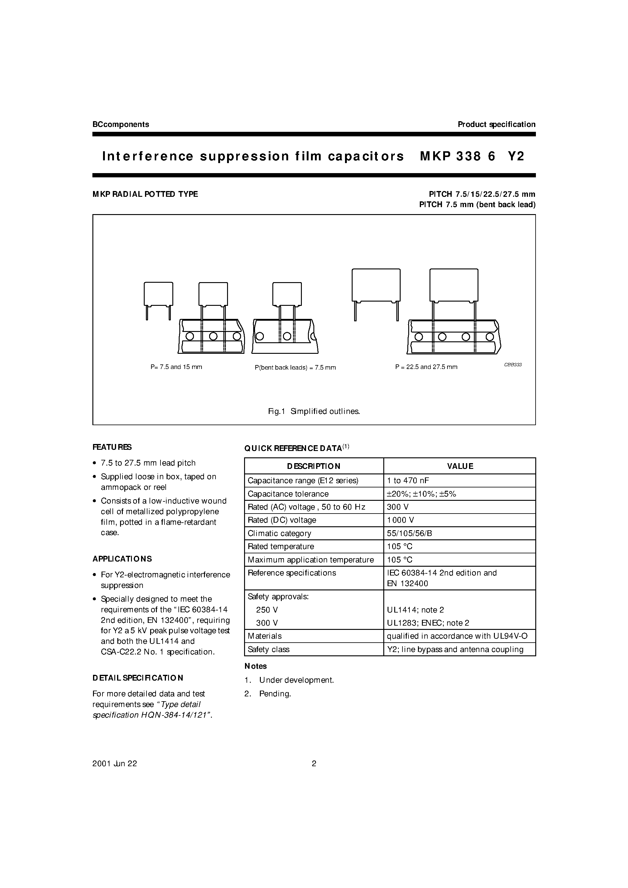 Datasheet MKP3386Y2 - Interference suppression film capacitors page 2