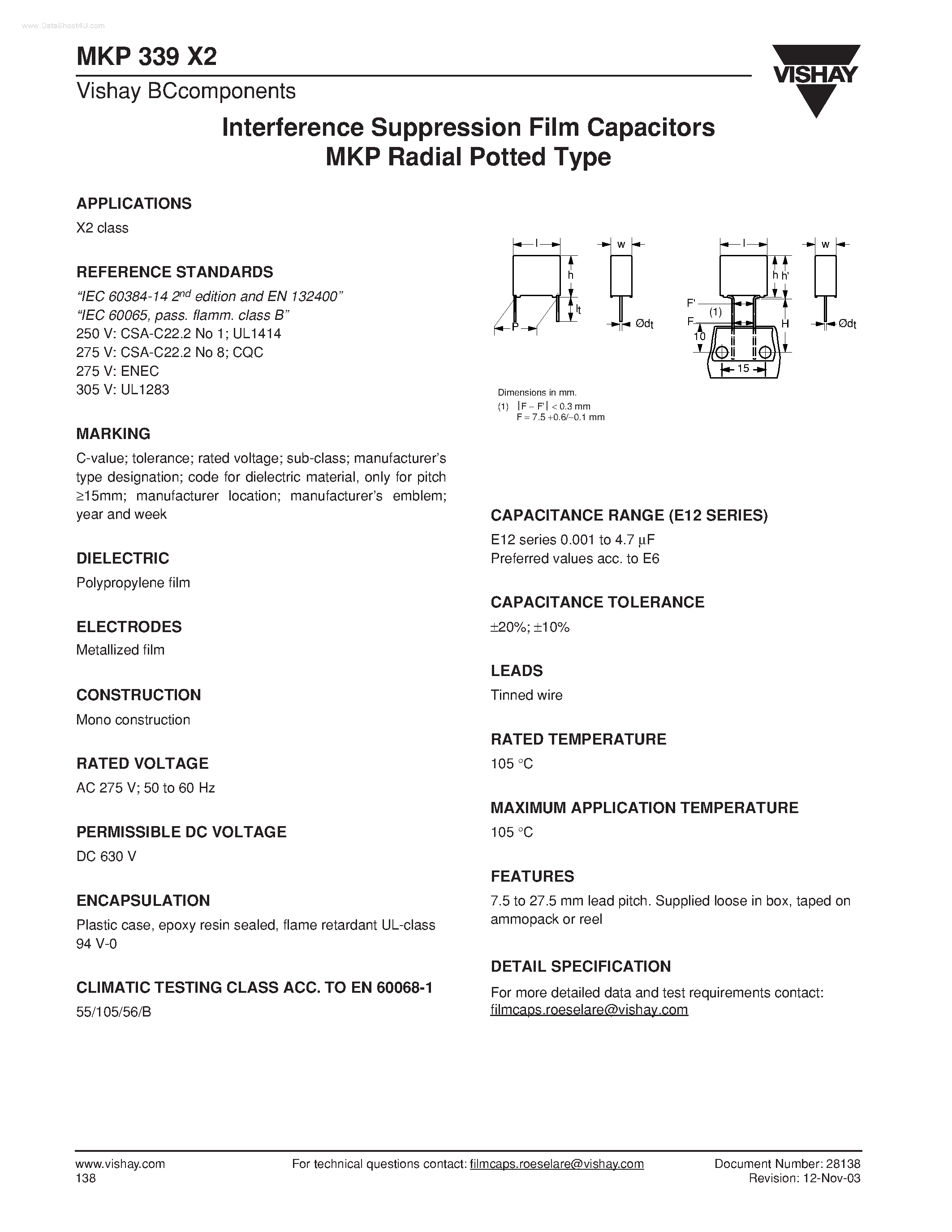 Datasheet MKP339X2 - Interference Suppression Film Capacitors MKP Radial Potted Type page 1