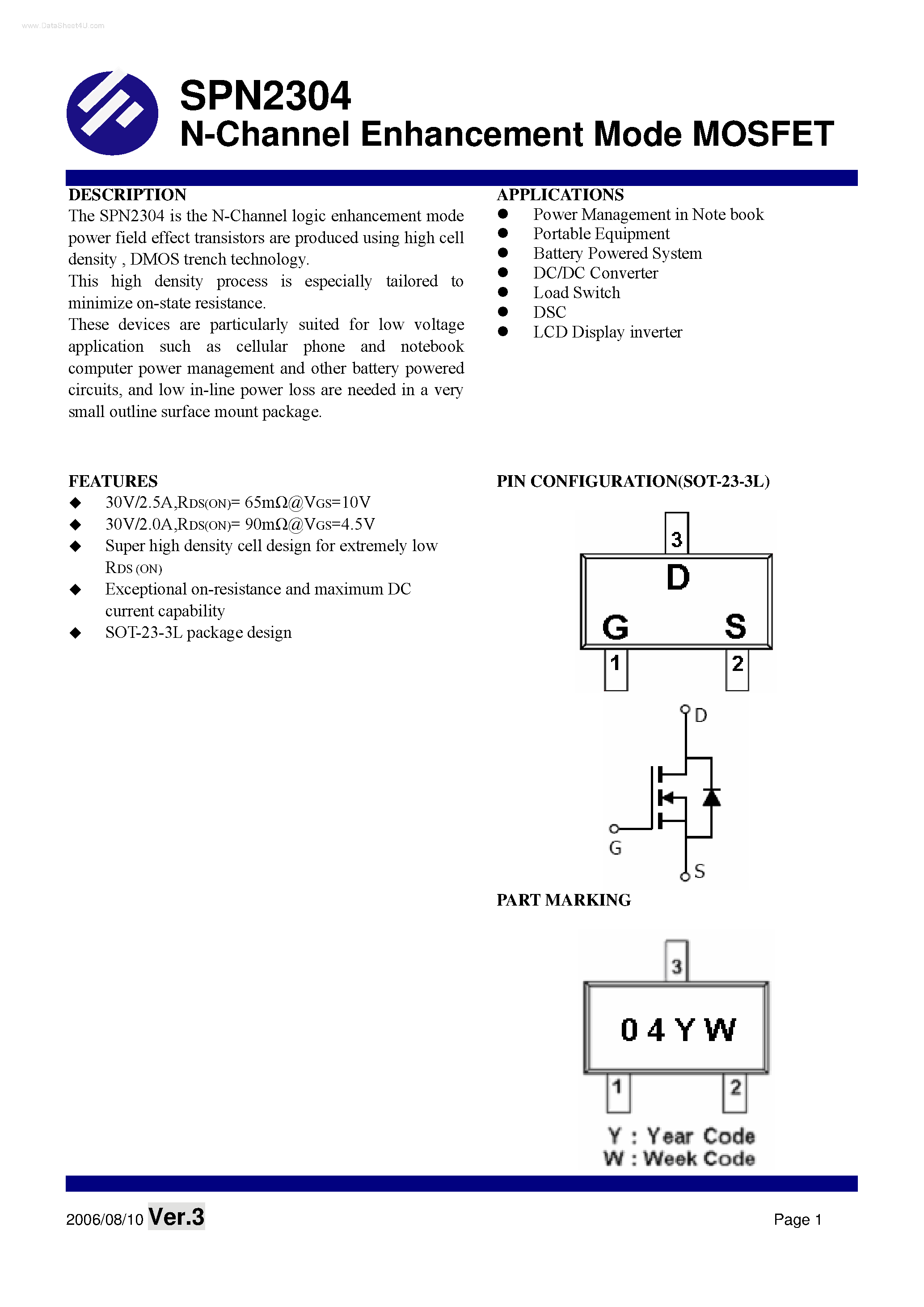 Datasheet SPN2304 - N-Channel Enhancement Mode MOSFET page 1