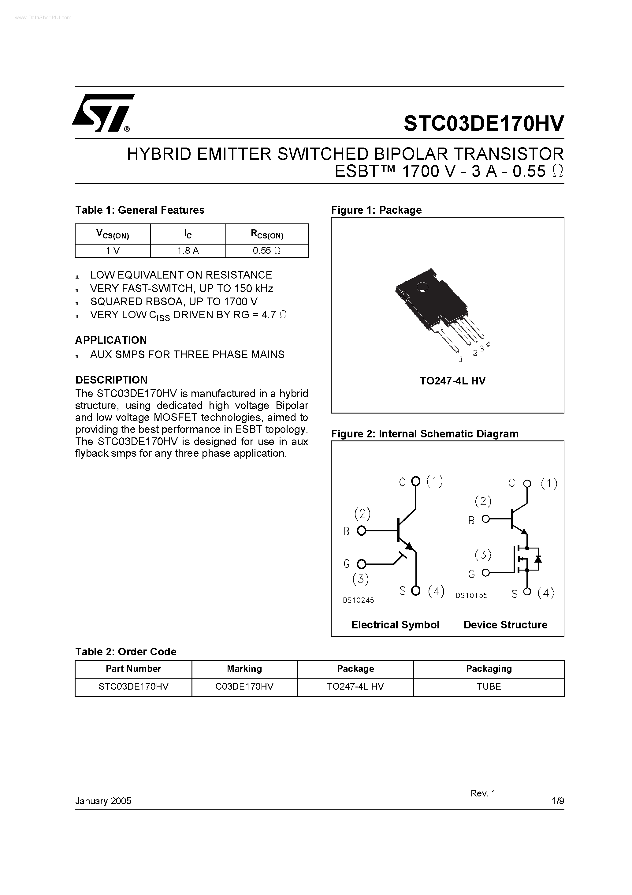 Datasheet STC03DE170HV page 1 Datasheet STC03DE170HV - HYBRID EMITTER SWITCHED BIPOLAR TRANSISTOR ESBT page 1