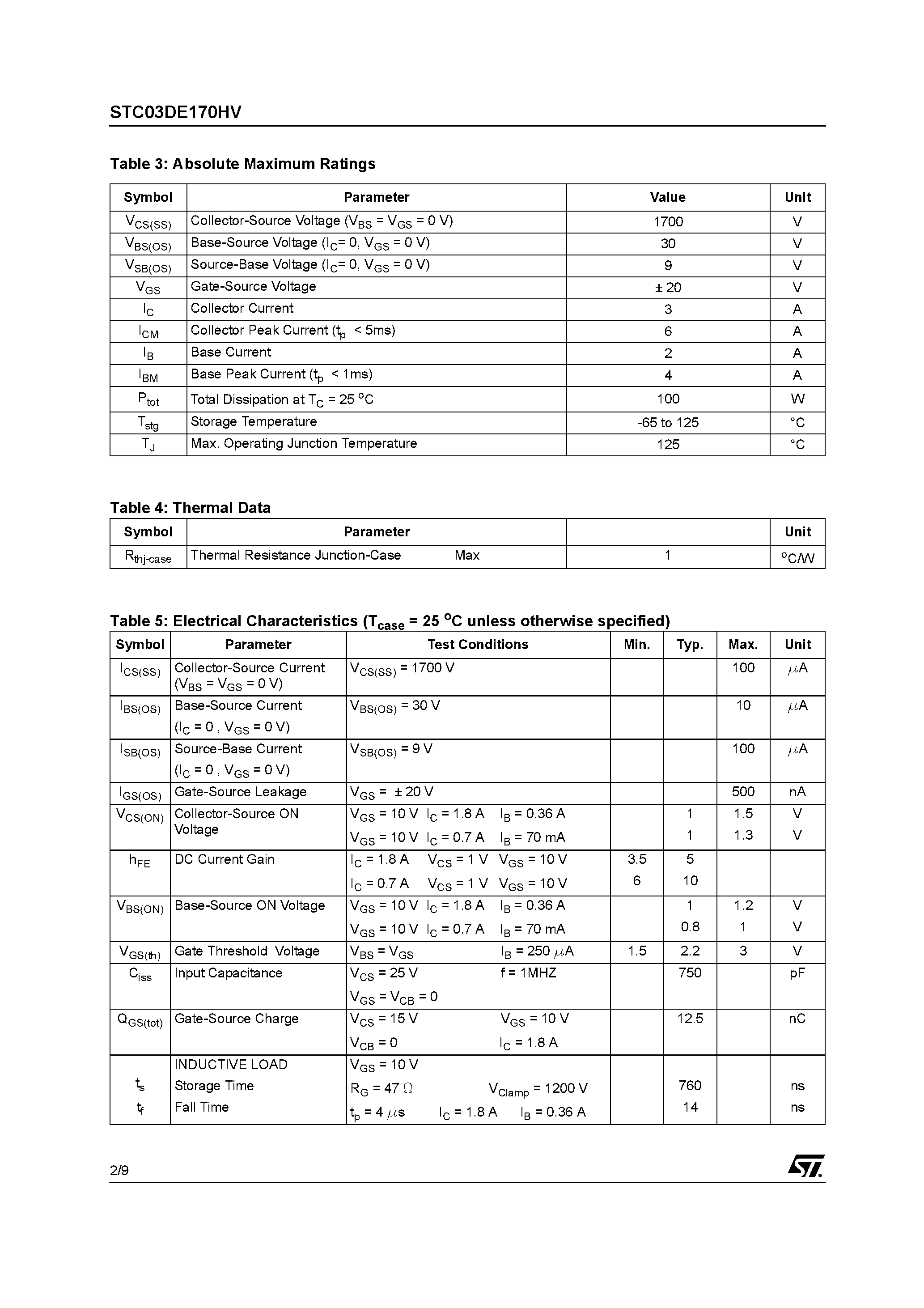 Datasheet STC03DE170HV page 2 Datasheet STC03DE170HV - HYBRID EMITTER SWITCHED BIPOLAR TRANSISTOR ESBT page 2