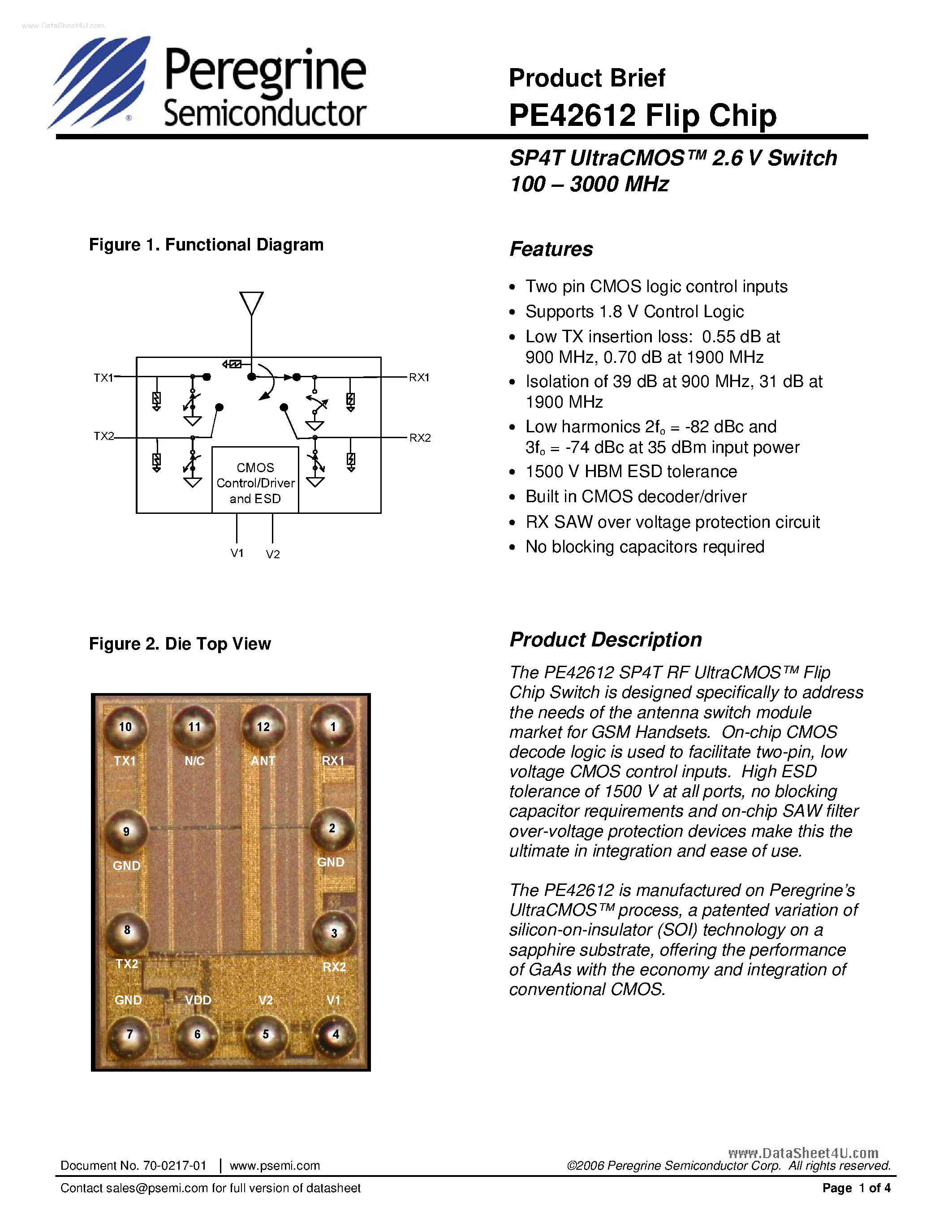 Datasheet PE42612 page 1 Datasheet PE42612 - SP4T Switch page 1