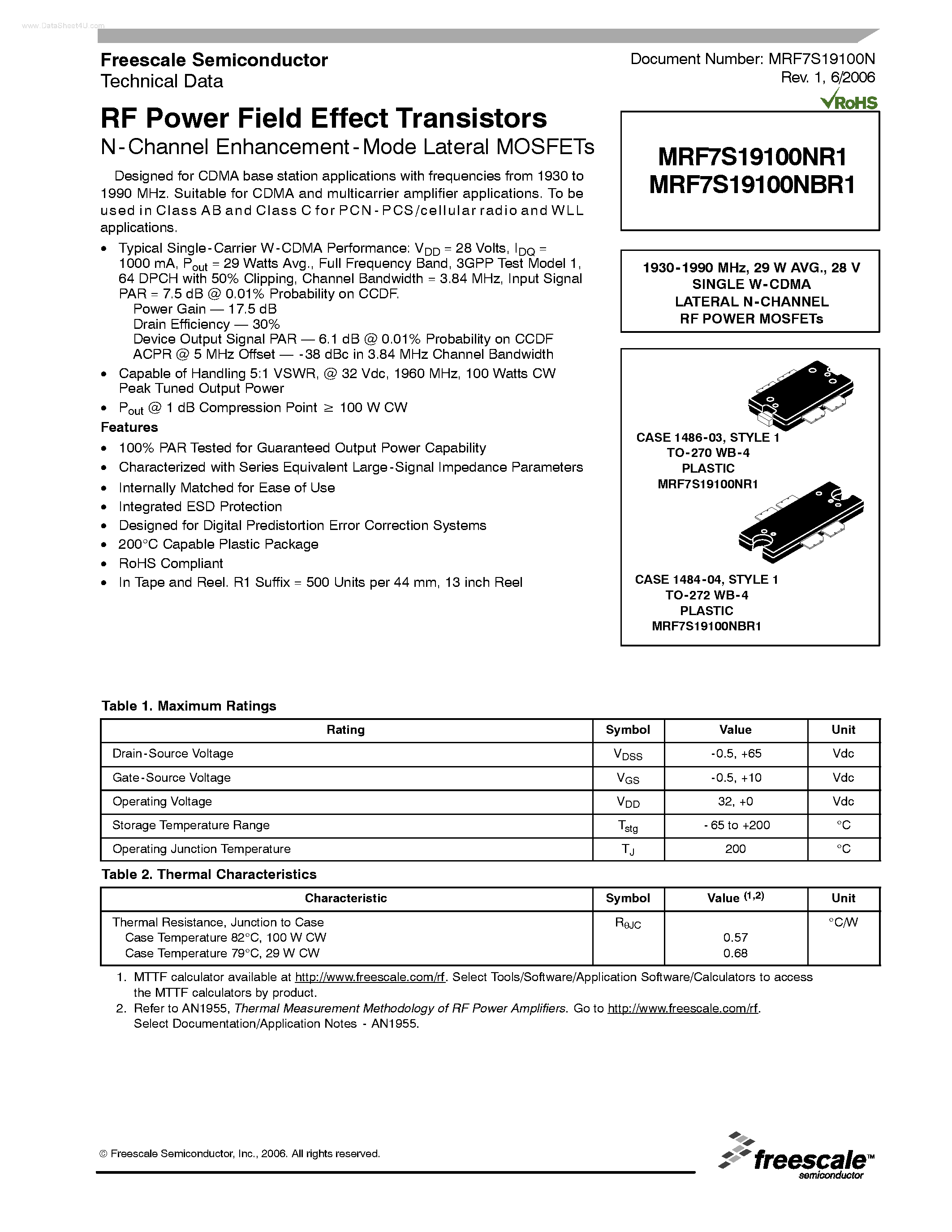 Datasheet MRF7S19100NBR1 page 1 Datasheet MRF7S19100NBR1 - RF Power Field Effect Transistors page 1