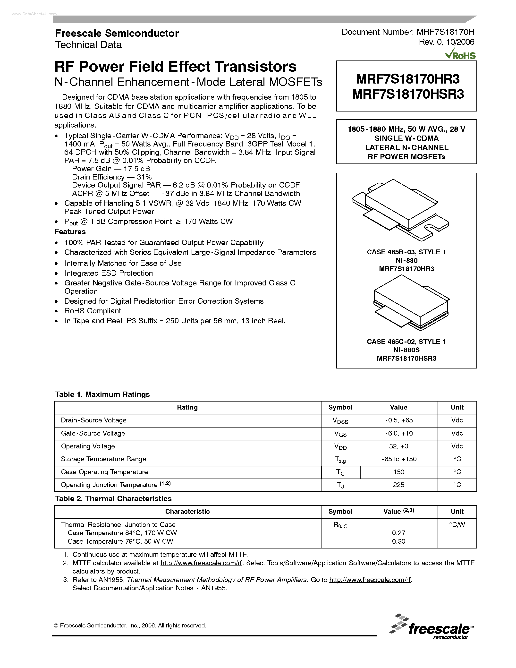 Datasheet MRF7S18170HR3 - RF Power Field Effect Transistors page 1