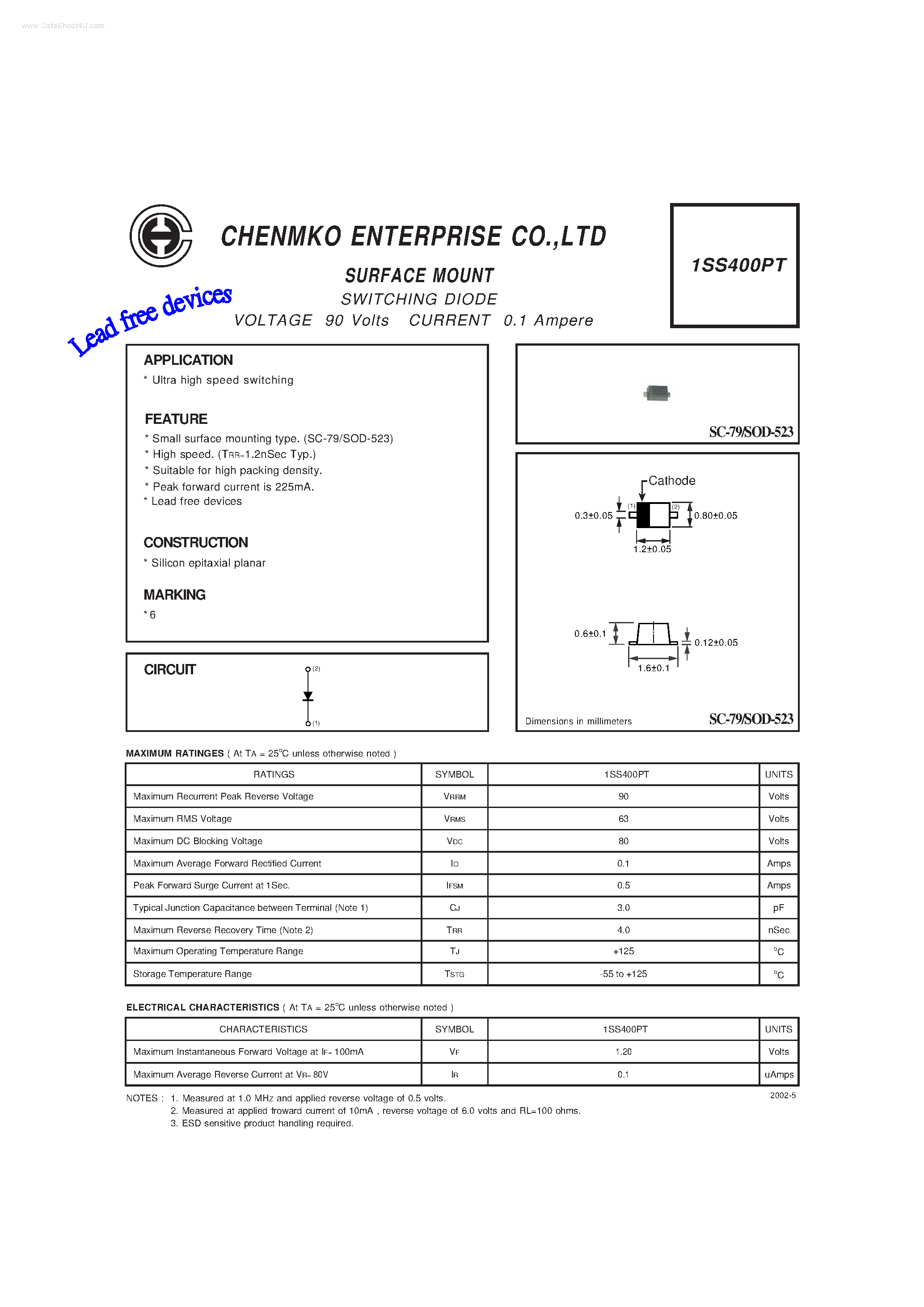 Даташит на микросхему 1SS400PT страница 1 Даташит 1SS400PT - SURFACE MOUNT страница 1