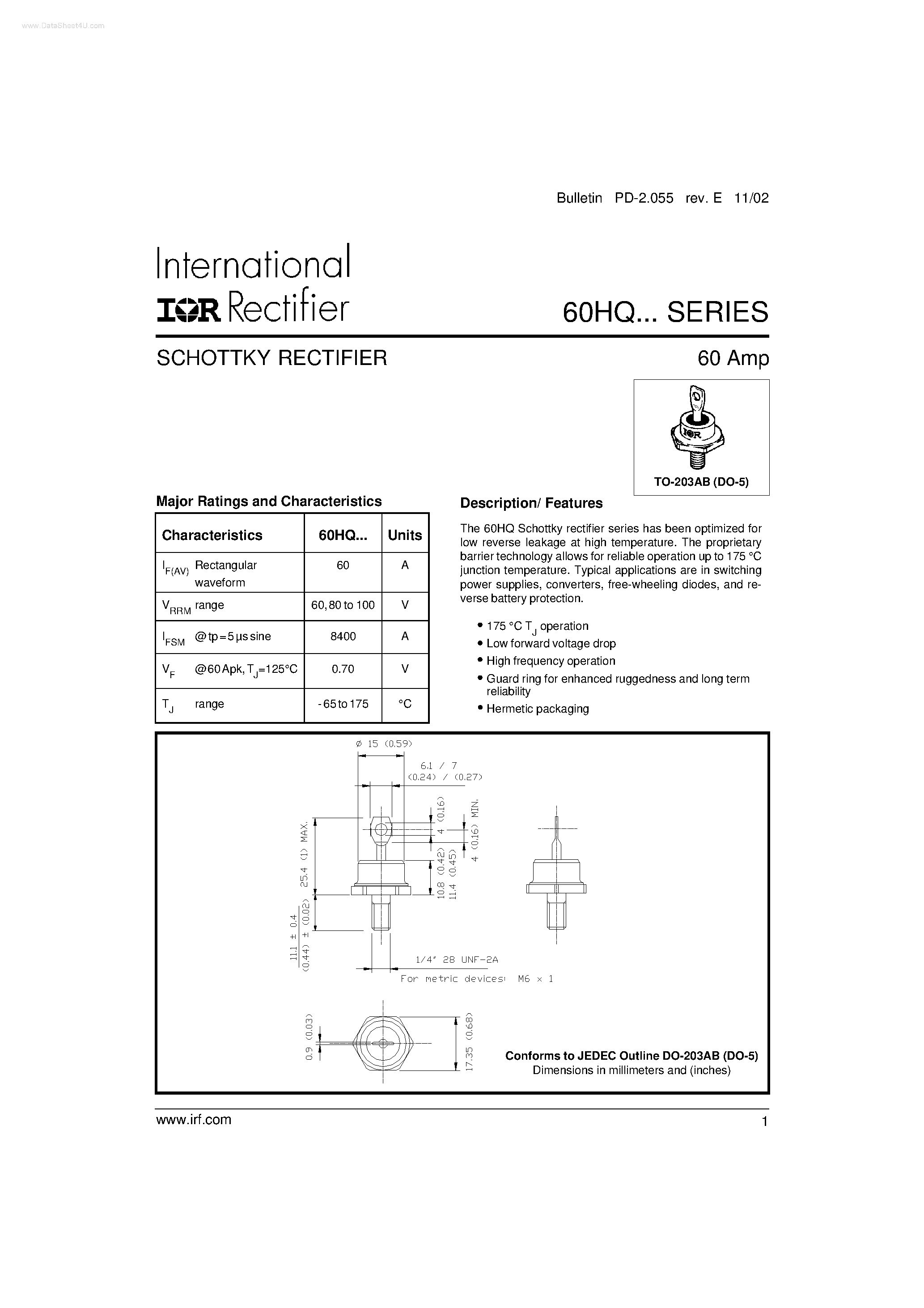 Datasheet 60HQ - SCHOTTKY RECTIFIER page 1