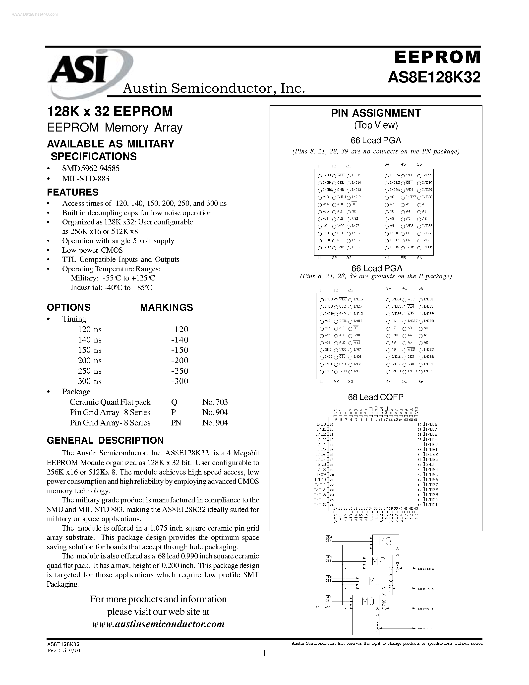 Даташит AS8E128K32 - 128K x 32 EEPROM Memory Array страница 1