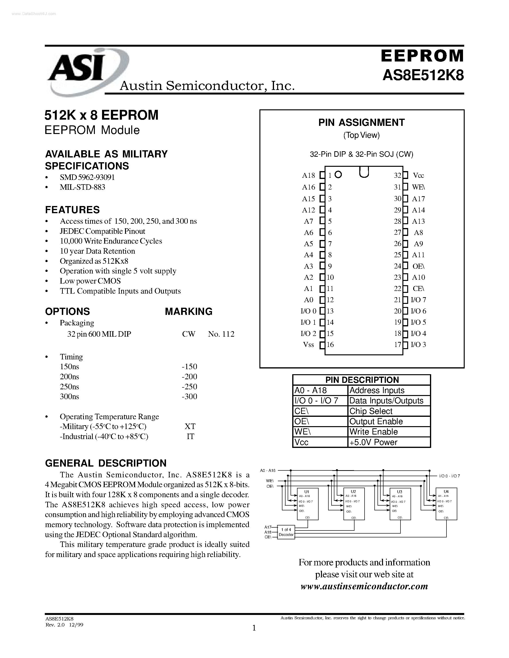 Datasheet AS8E512K8 - 512K x 8 EEPROM EEPROM Module page 1