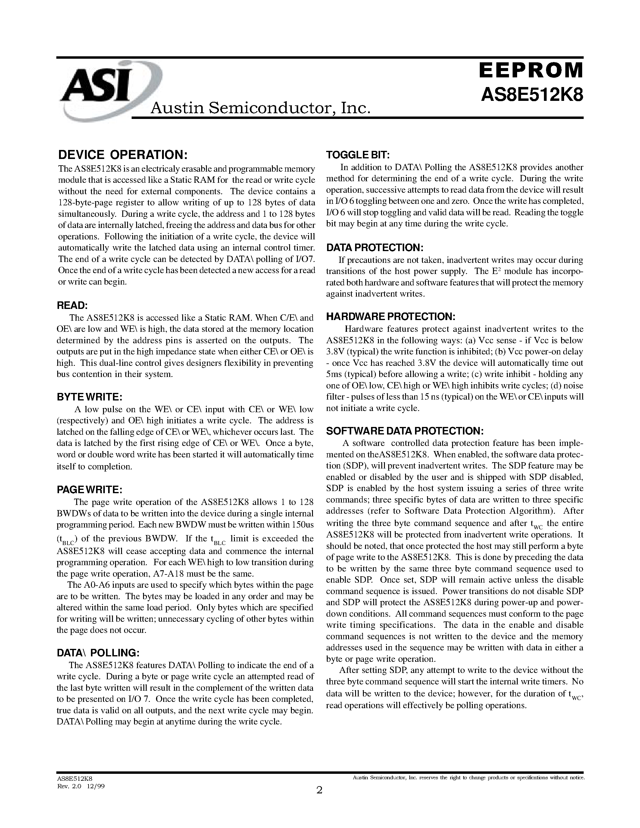 Datasheet AS8E512K8 - 512K x 8 EEPROM EEPROM Module page 2