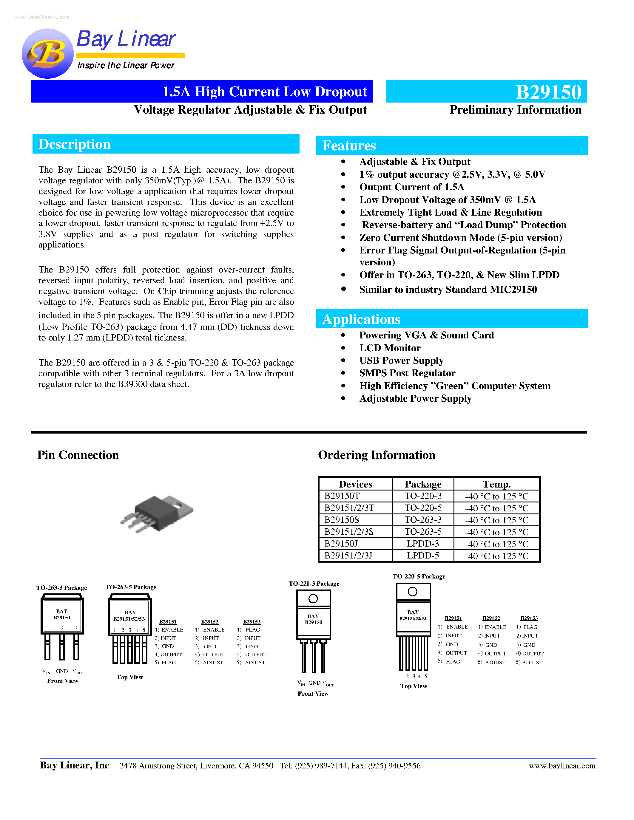 Даташит на микросхему B29150 страница 1 Даташит B29150 - 1.5A High Current Low Dropout Voltage Regulator Adjustable & Fix Output страница 1