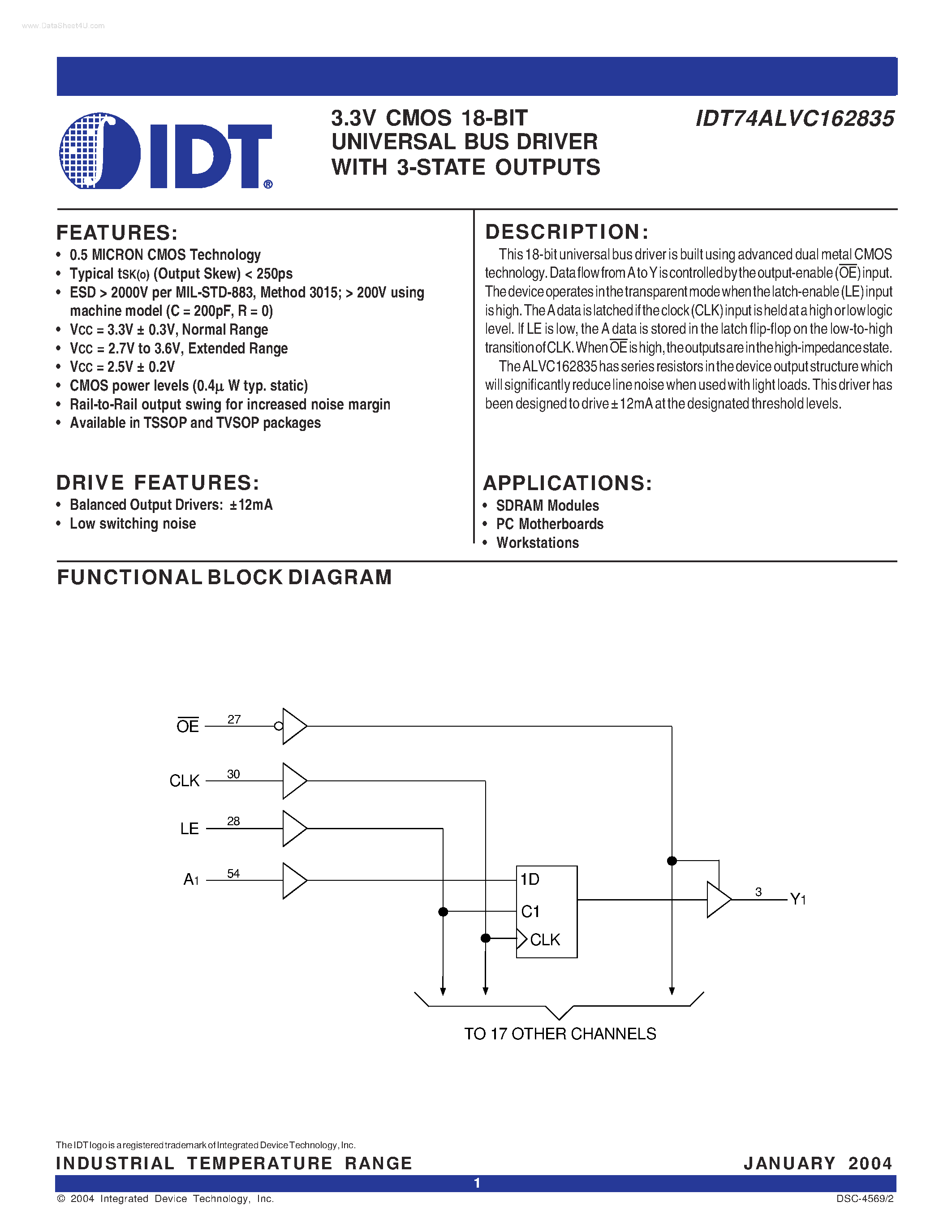 Datasheet IDT74ALVC162835 - 3.3V CMOS 18-BIT UNIVERSAL BUS DRIVER page 1