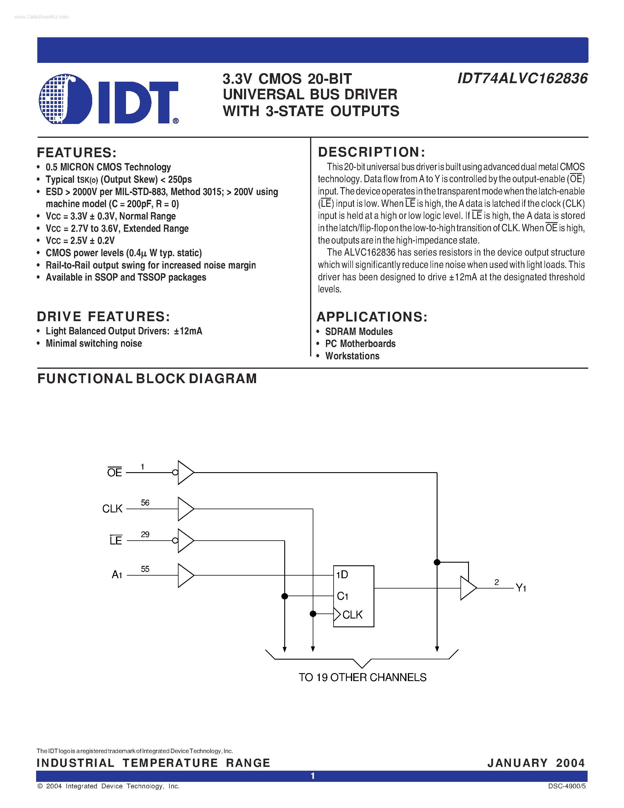 Datasheet IDT74ALVC162836 - 3.3V CMOS 20-BIT UNIVERSAL BUS DRIVER page 1