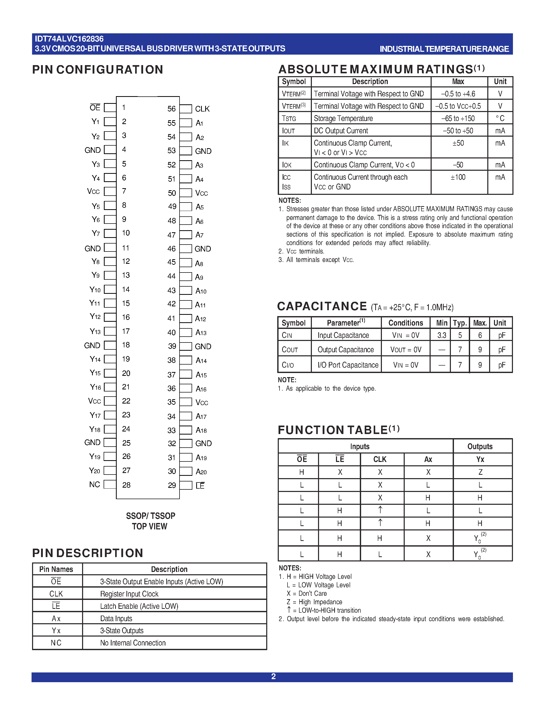 Datasheet IDT74ALVC162836 - 3.3V CMOS 20-BIT UNIVERSAL BUS DRIVER page 2