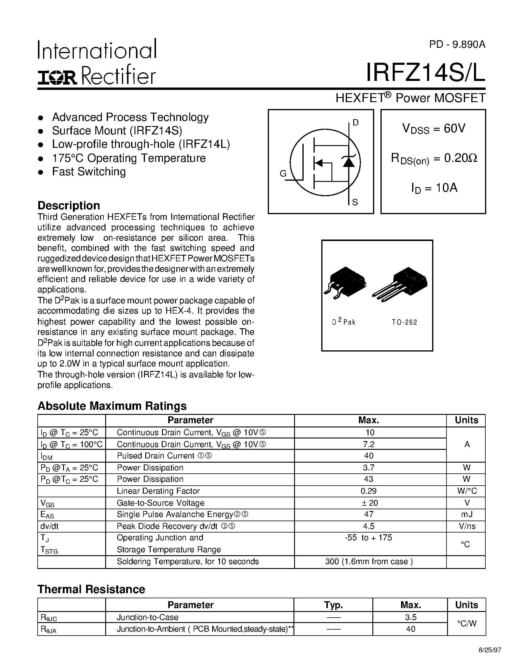 Datasheet IRFZ14L - Advanced Process Technology / Surface Mount page 1