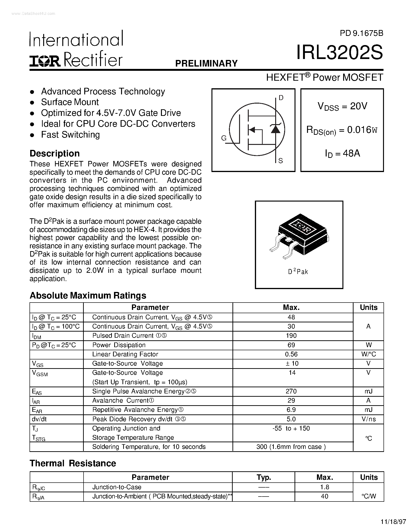 Datasheet IRL3202S - HEXFET Power MOSFET page 1