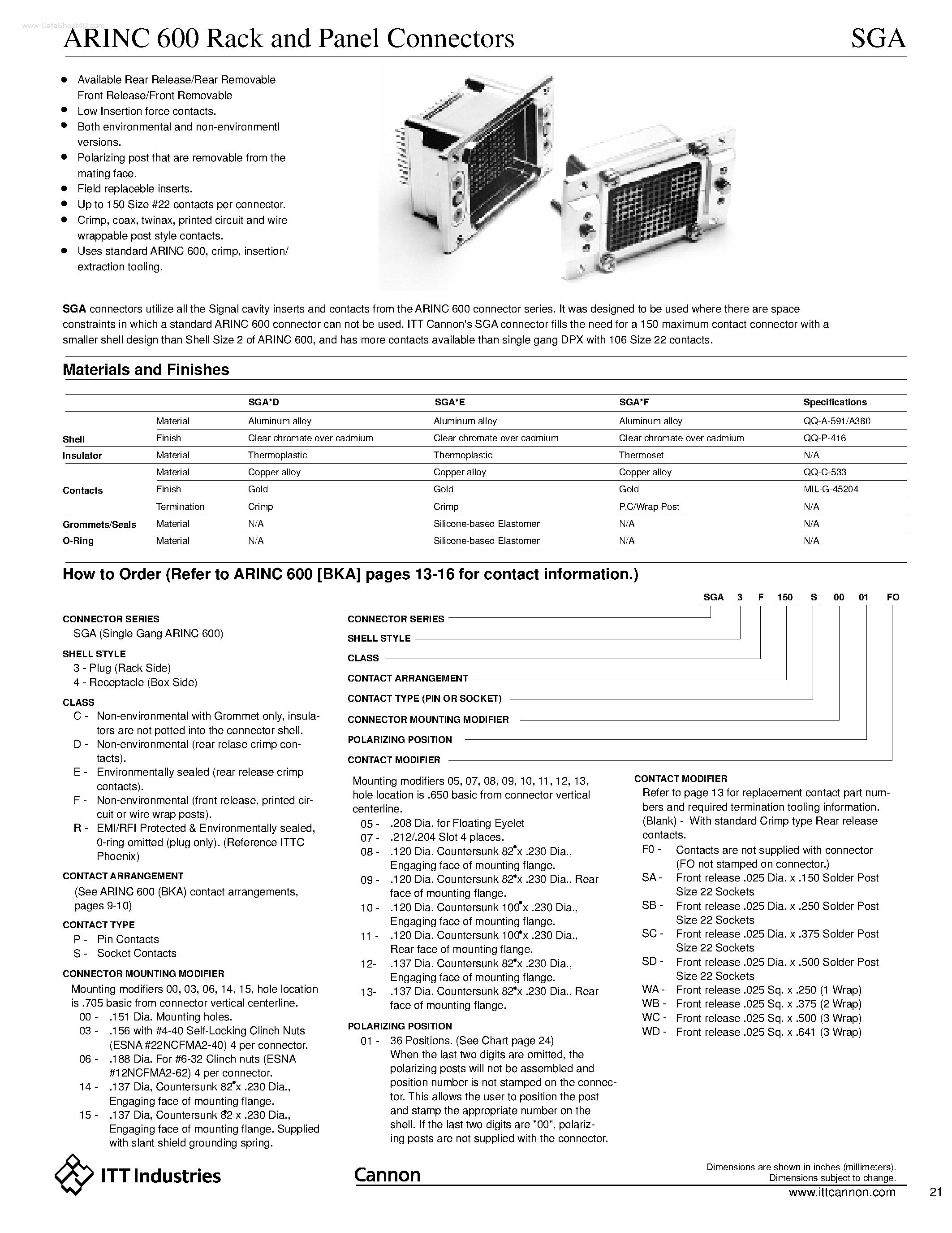 Datasheet SGA - ARINC 600 Rack and Panel Connectors page 1