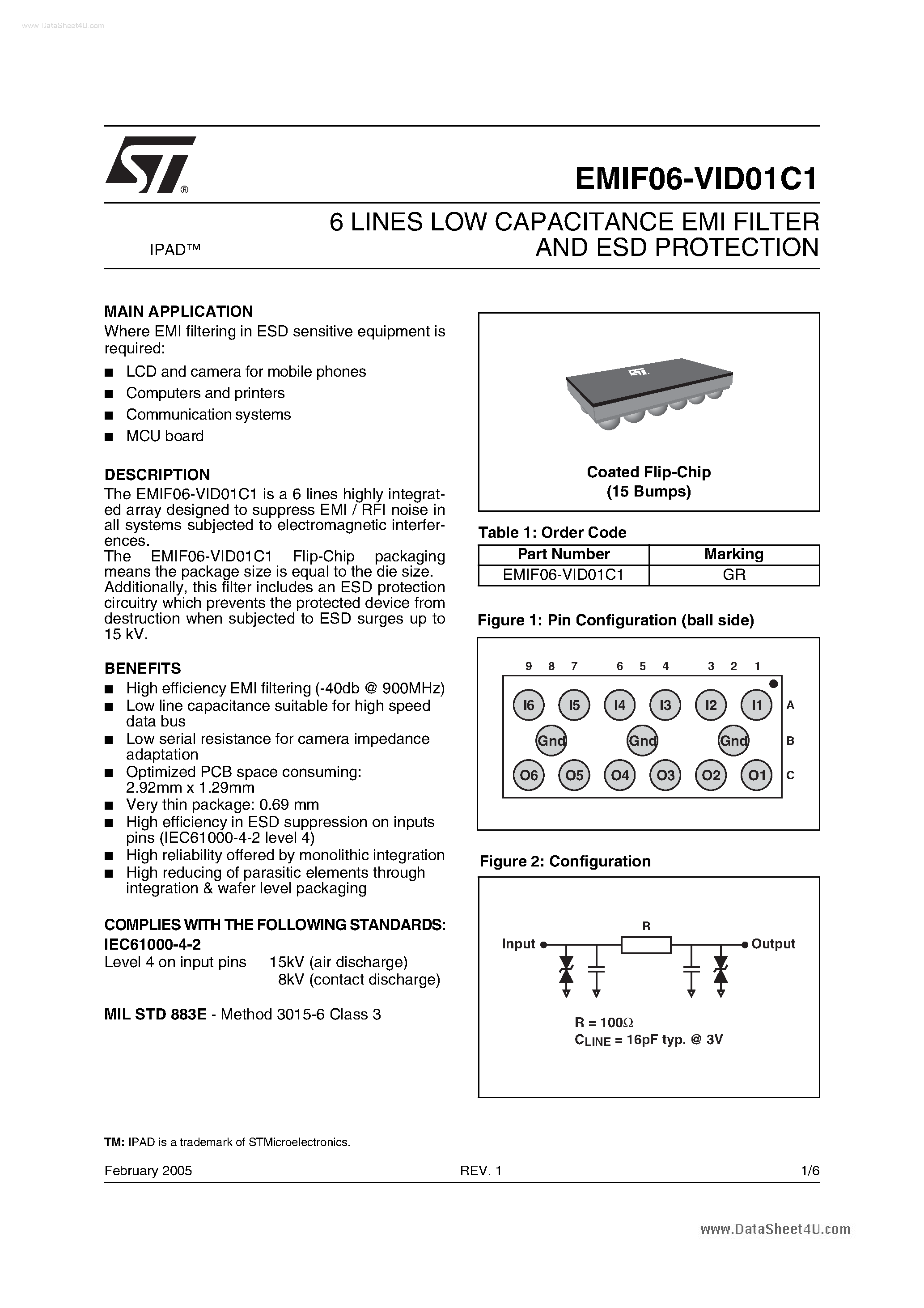 Datasheet EMIF06-VID01C1 page 1 Datasheet EMIF06-VID01C1 - 6 LINES LOW CAPACITANCE EMI FILTER AND ESD PROTECTION page 1