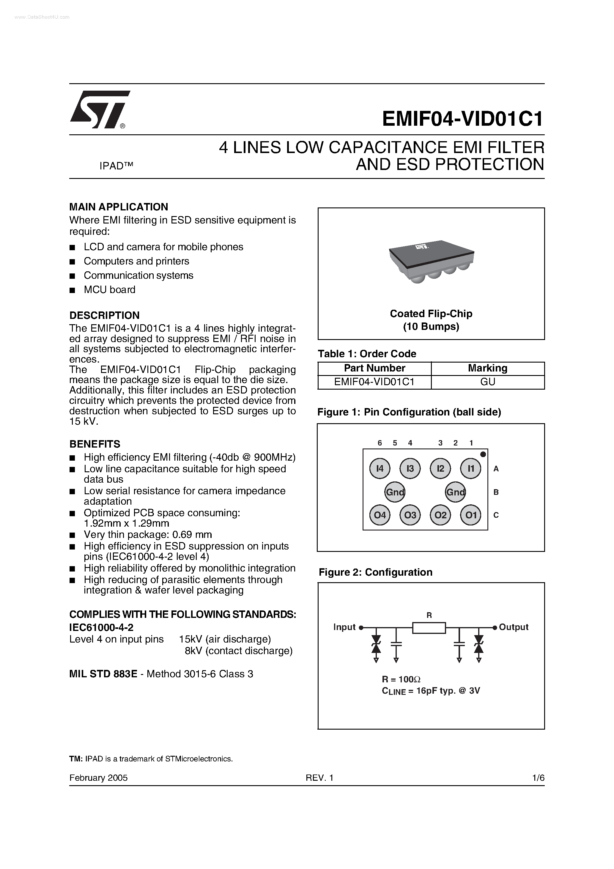 Даташит EMIF04-VID01C1 - 4 LINES LOW CAPACITANCE EMI FILTER AND ESD PROTECTION страница 1