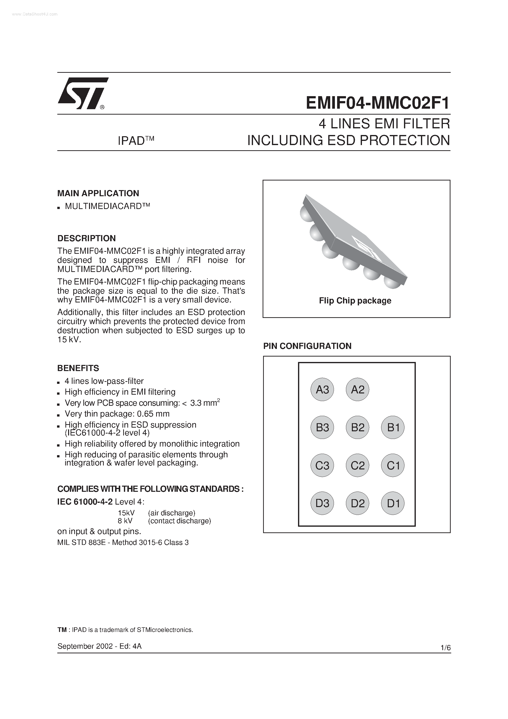 Даташит EMIF04-MMC02F1 - 4 LINES EMI FILTER INCLUDING ESD PROTECTION страница 1