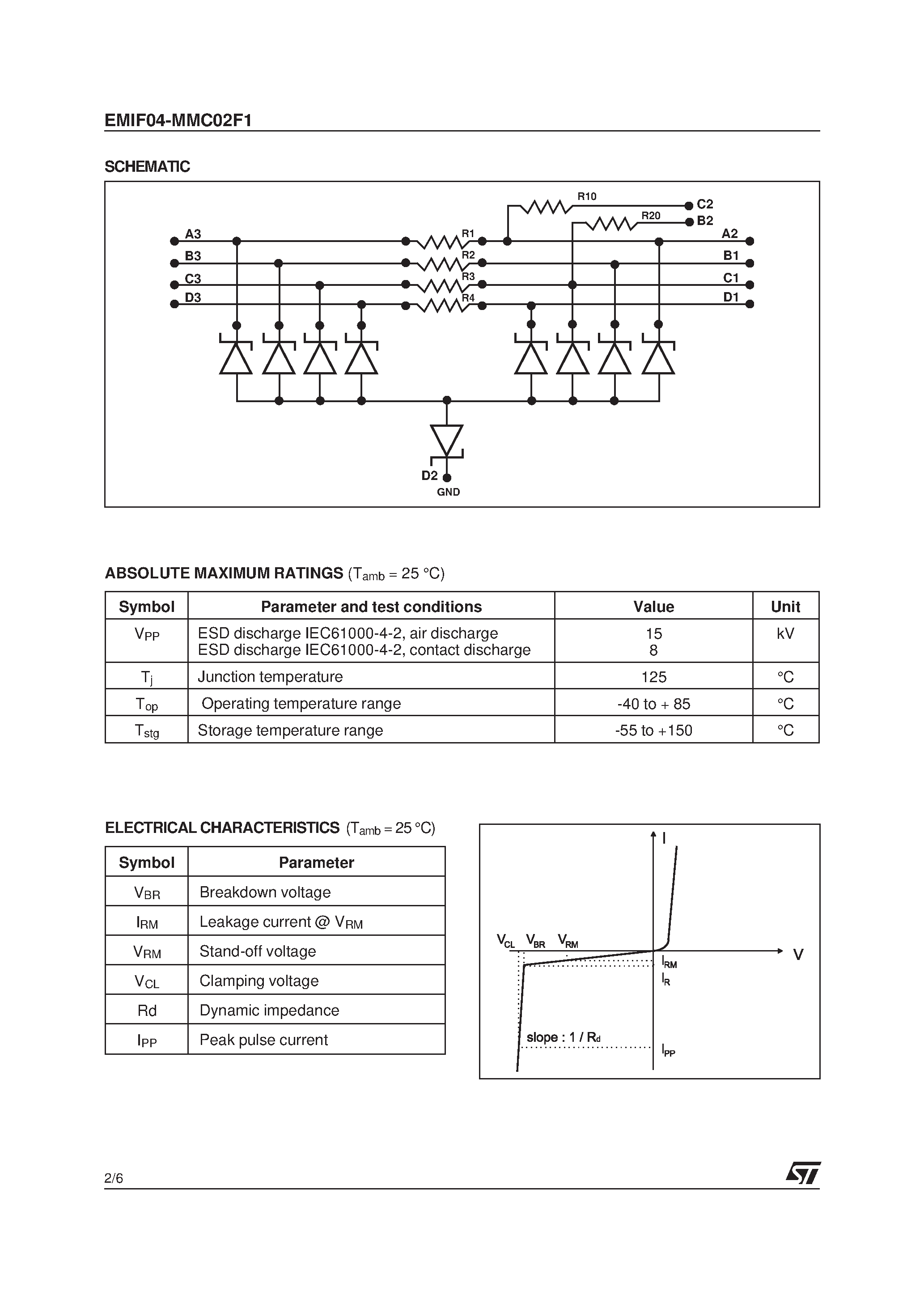 Даташит EMIF04-MMC02F1 - 4 LINES EMI FILTER INCLUDING ESD PROTECTION страница 2