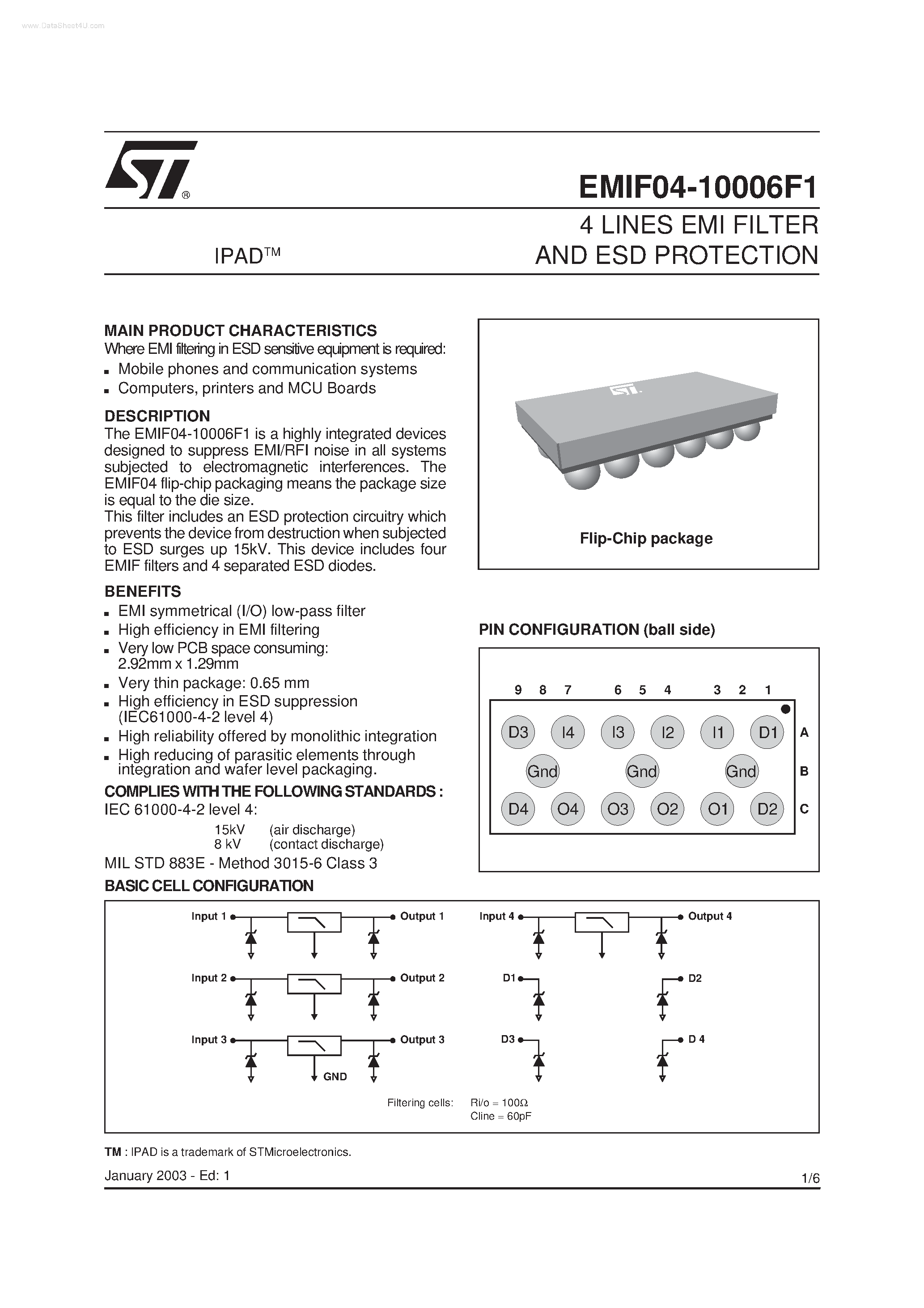 Даташит EMIF04-10006F1 - 4 LINES EMI FILTER AND ESD PROTECTION страница 1