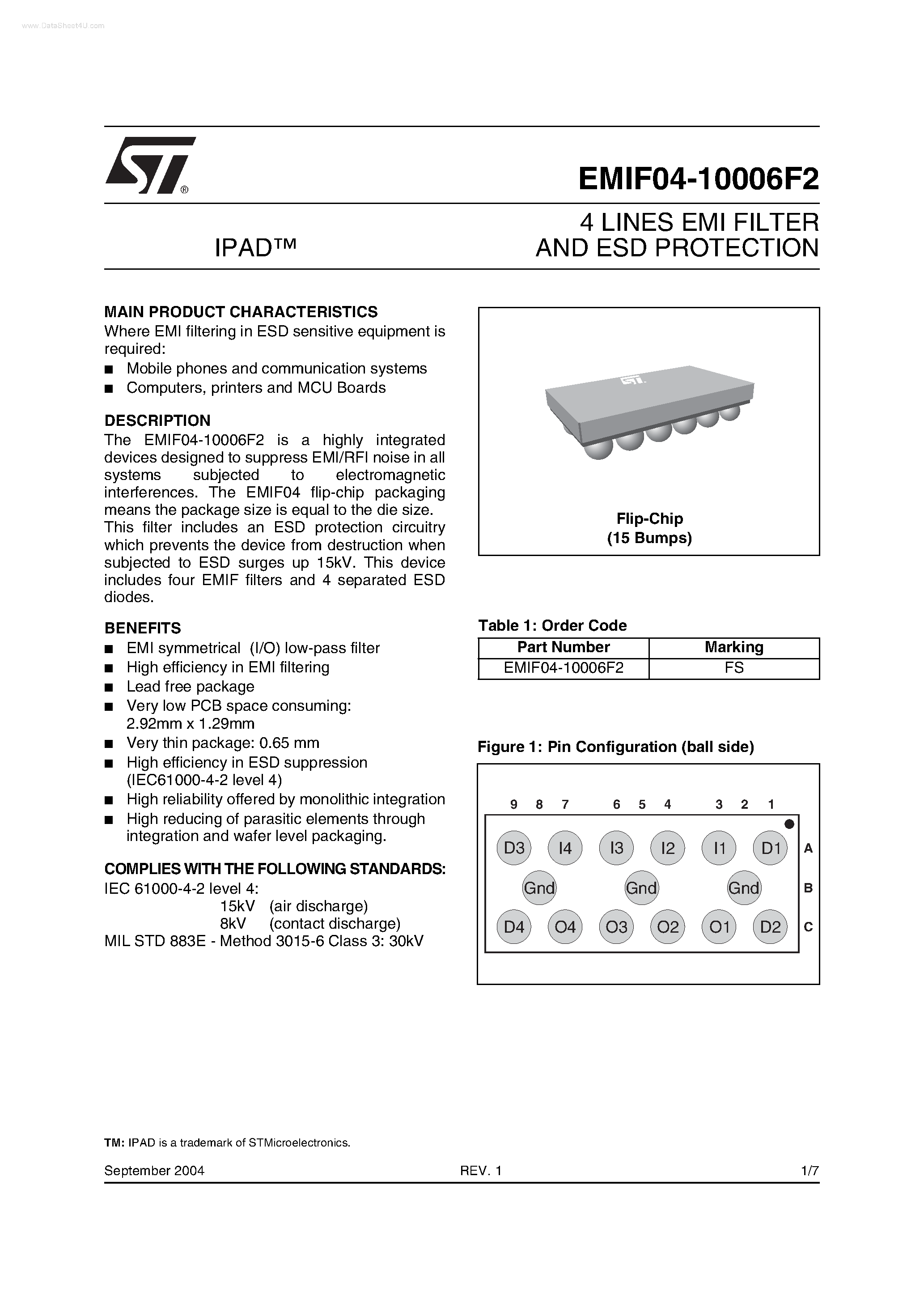 Даташит EMIF04-10006F2 - 4 LINES EMI ILTER AND ESD PROTECTION страница 1