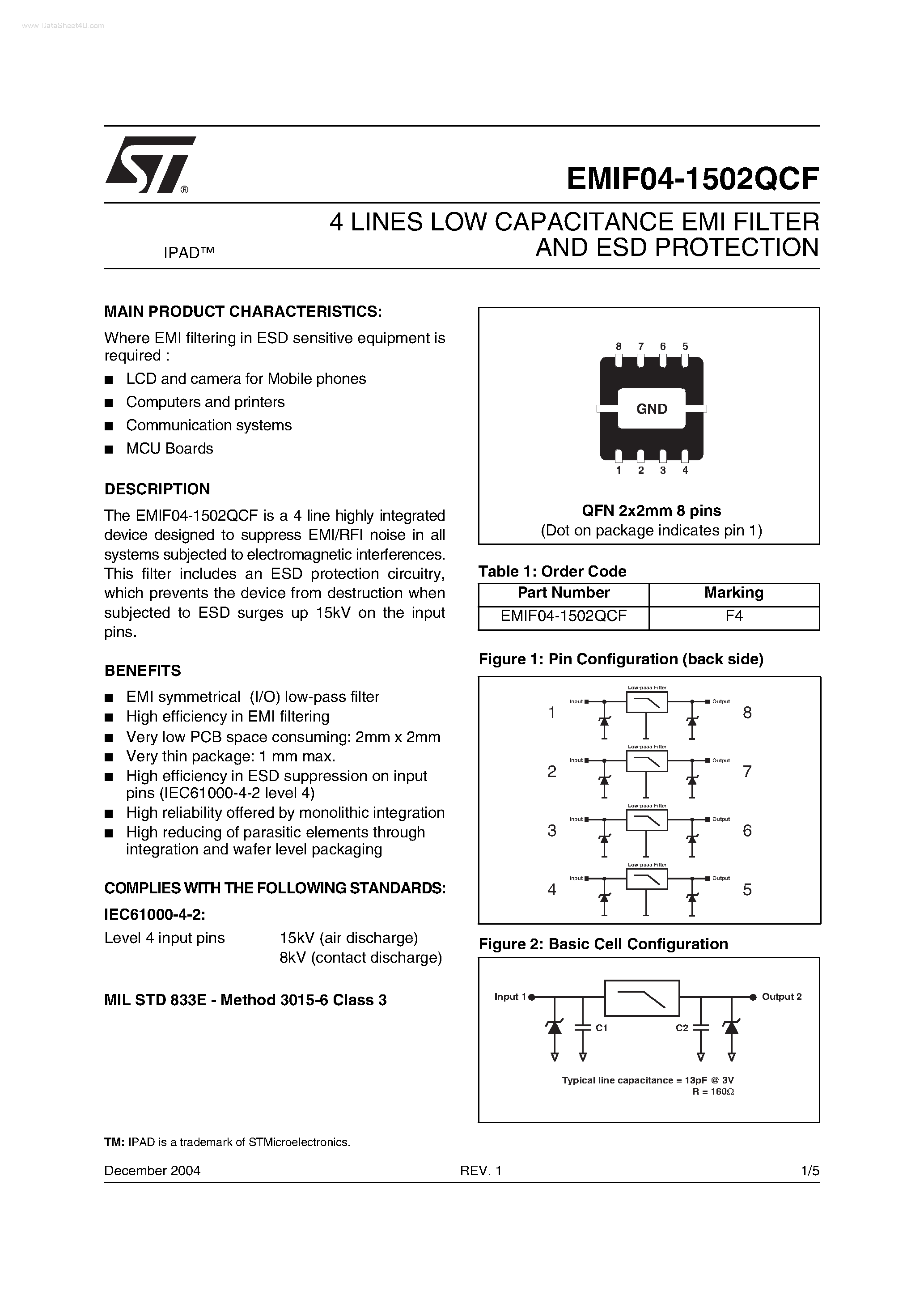 Даташит EMIF04-1502QCF - 4 LINES LOW CAPACITANCE EMI FILTER AND ESD PROTECTION страница 1
