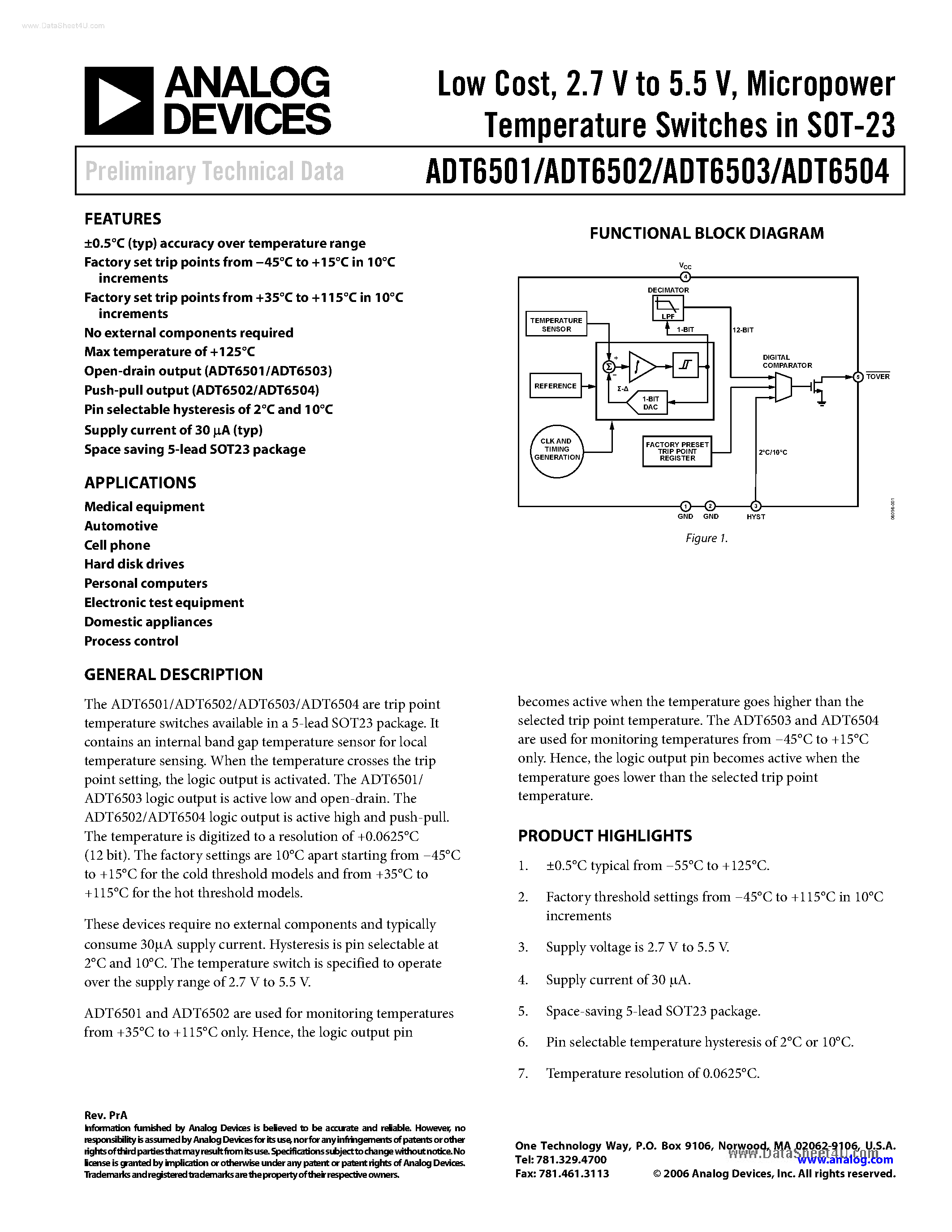 Даташит ADT6501 - (ADT6501 - ADT6504) trip point temperature switches available страница 1