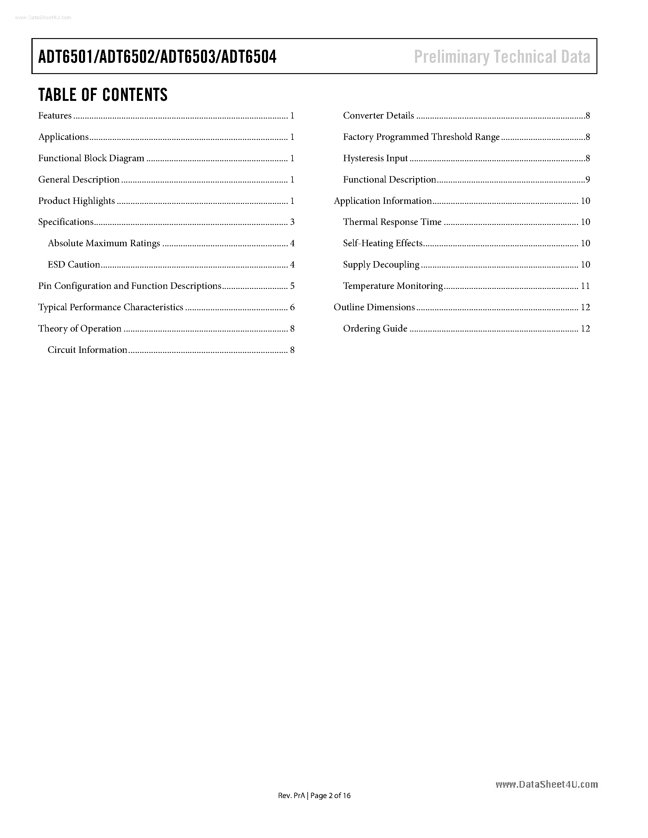 Даташит ADT6501 - (ADT6501 - ADT6504) trip point temperature switches available страница 2