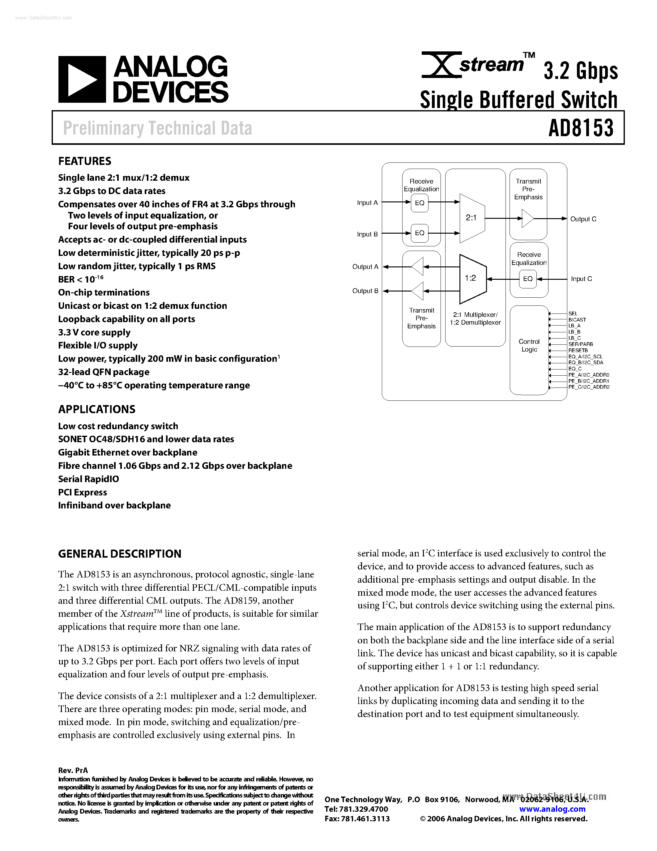 Datasheet AD8153 - Single Buffered Switch page 1