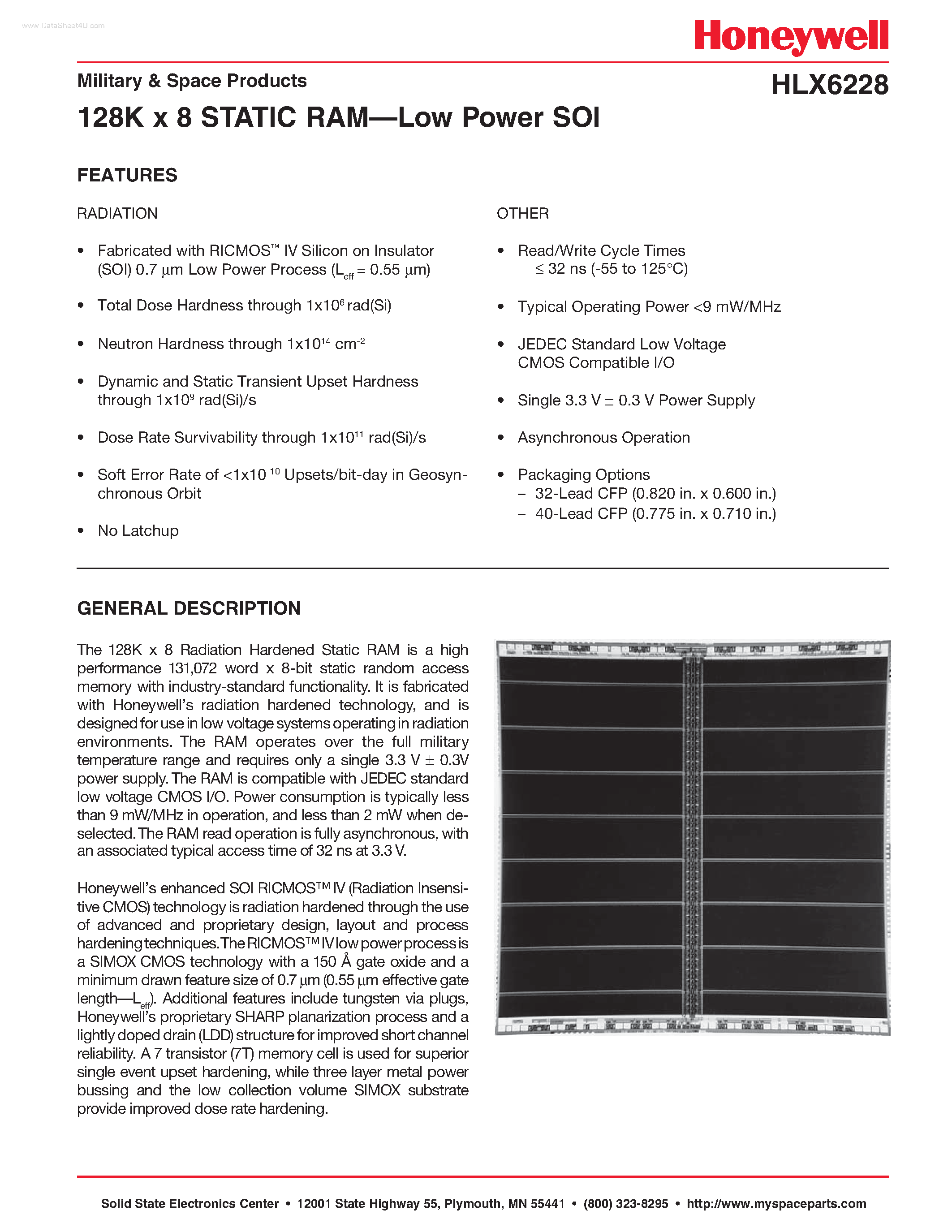Datasheet HLX6228 - 128K x 8 STATIC RAM-Low Power SOI page 1