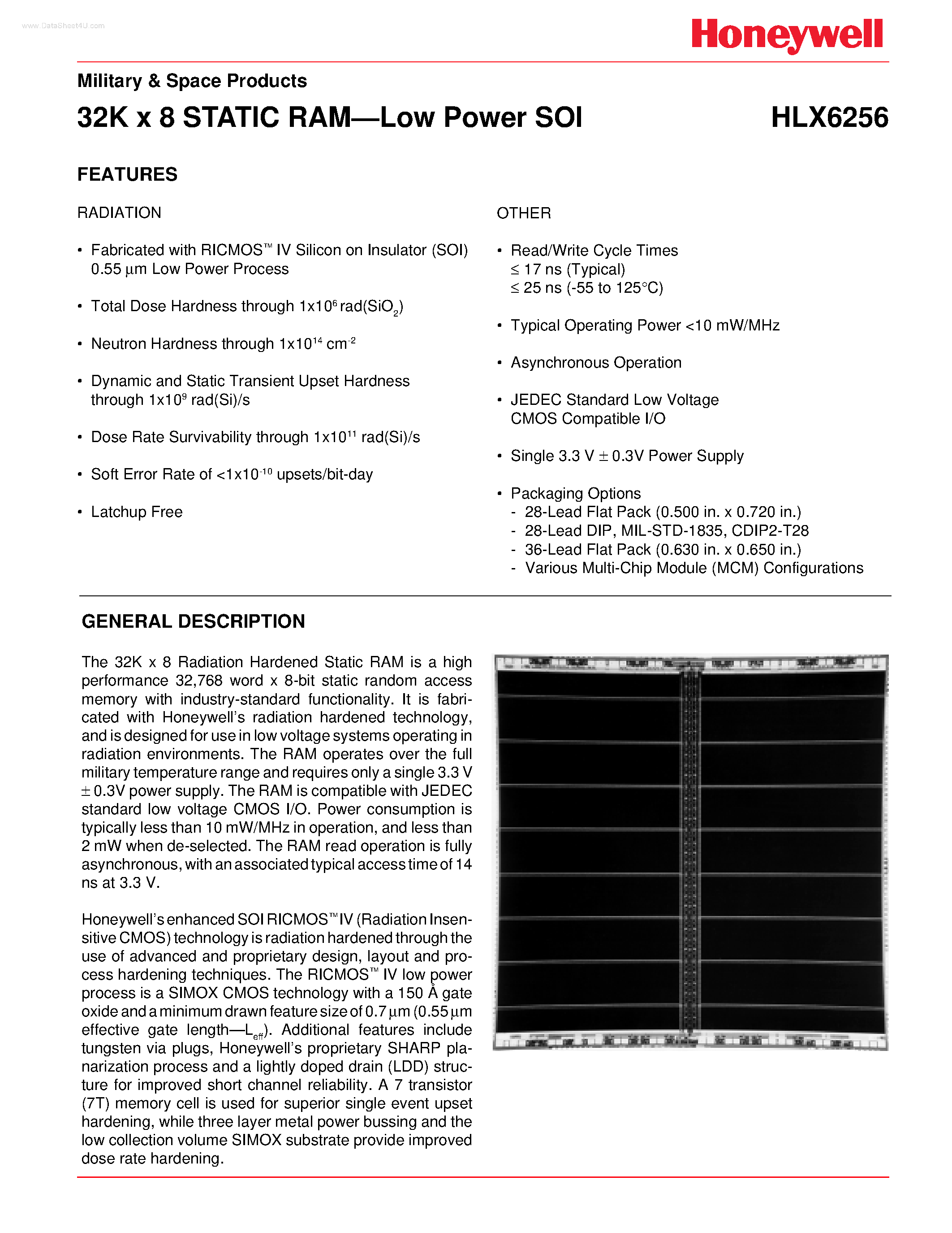 Datasheet HLX6256 - 32K x 8 STATIC RAM-Low Power SOI page 1