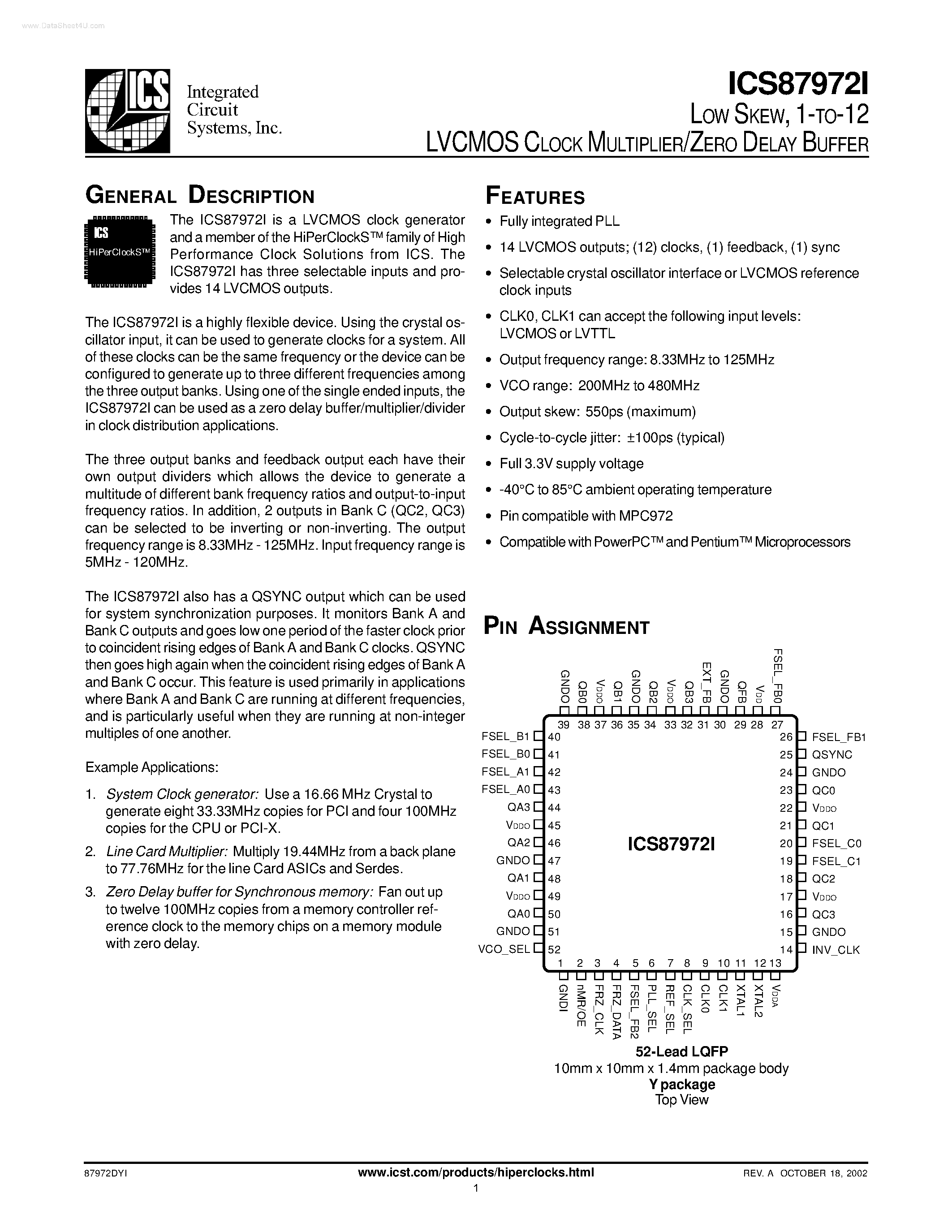 Даташит на микросхему ICS87972I страница 1 Даташит ICS87972I - 1-TO-12 LVCMOS CLOCK MULTIPLIER/ZERO DELAY BUFFER страница 1