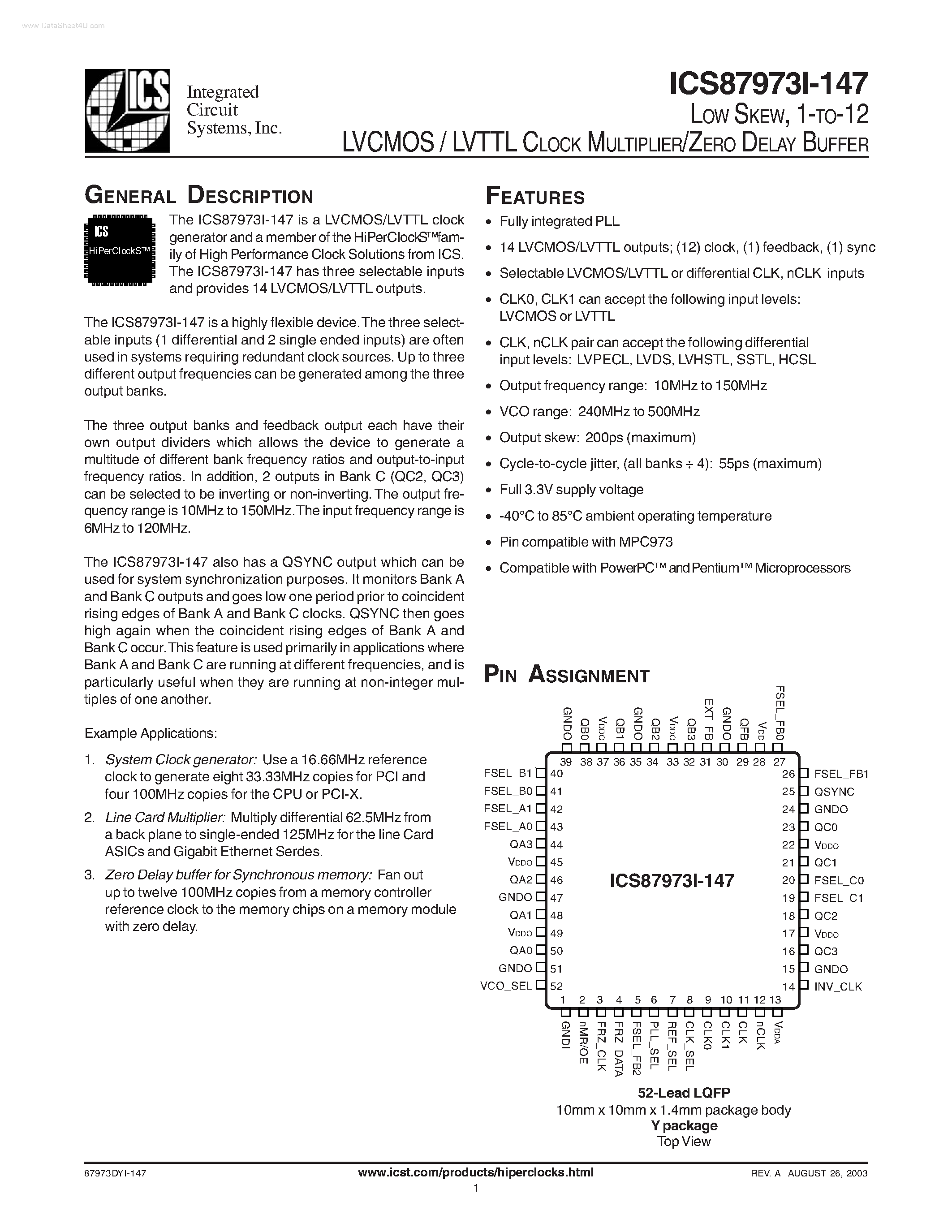 Даташит на микросхему ICS87973I-147 страница 1 Даташит ICS87973I-147 - 1-TO-12 LVCMOS / LVTTL CLOCK MULTIPLIER/ZERO DELAY BUFFER страница 1