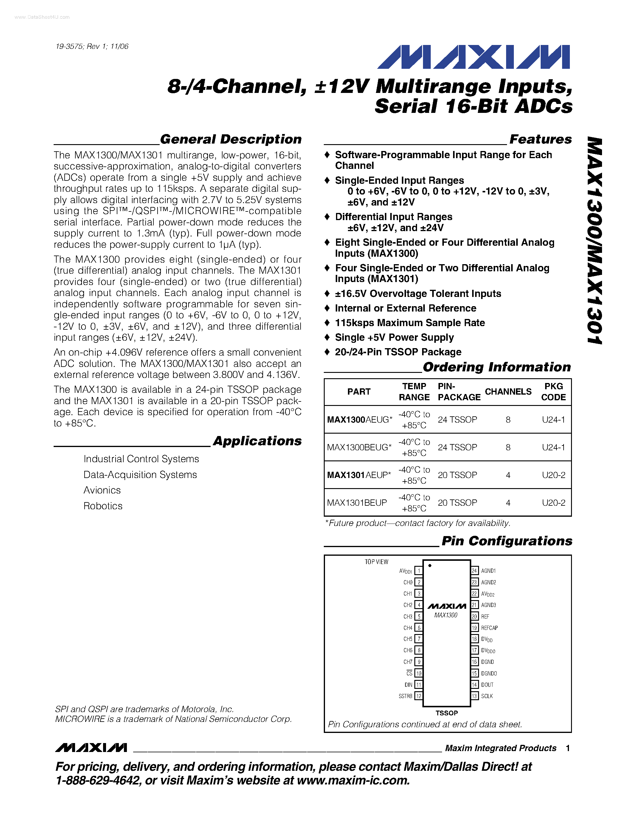 Datasheet MAX1300 - (MAX1300 / MAX1301) Serial 16-Bit ADCs page 1