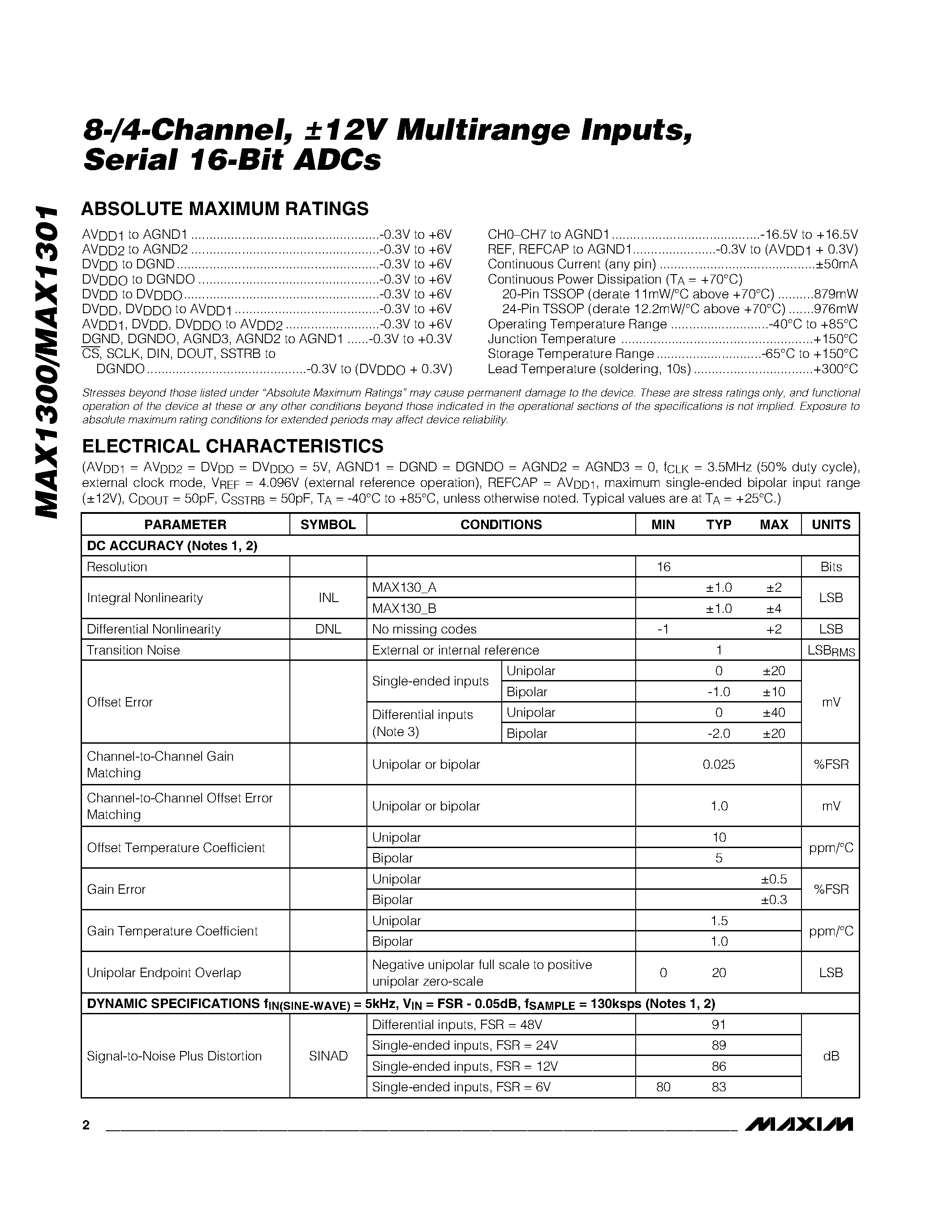 Datasheet MAX1300 - (MAX1300 / MAX1301) Serial 16-Bit ADCs page 2