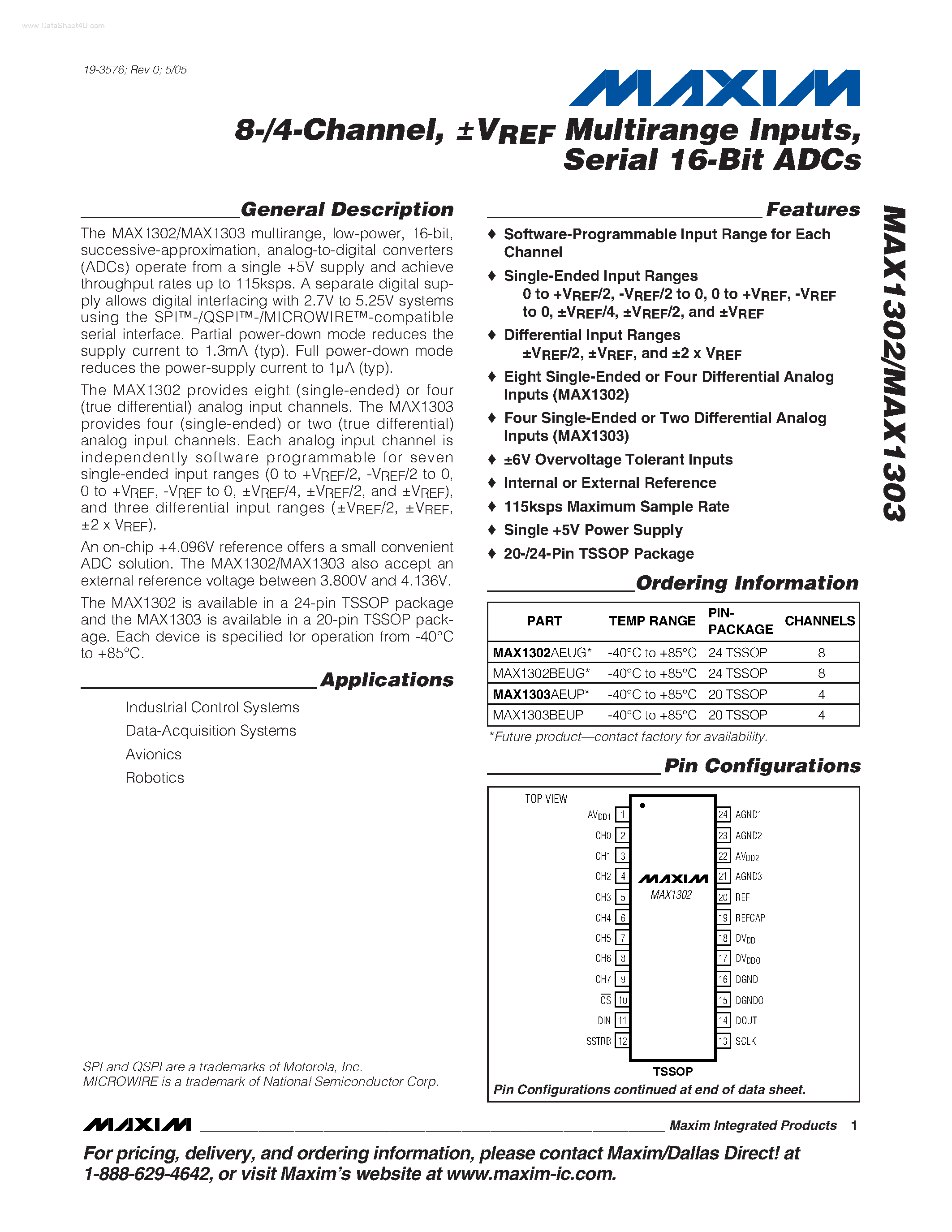 Datasheet MAX1302 - (MAX1302 / MAX1303) Serial 16-Bit ADCs page 1