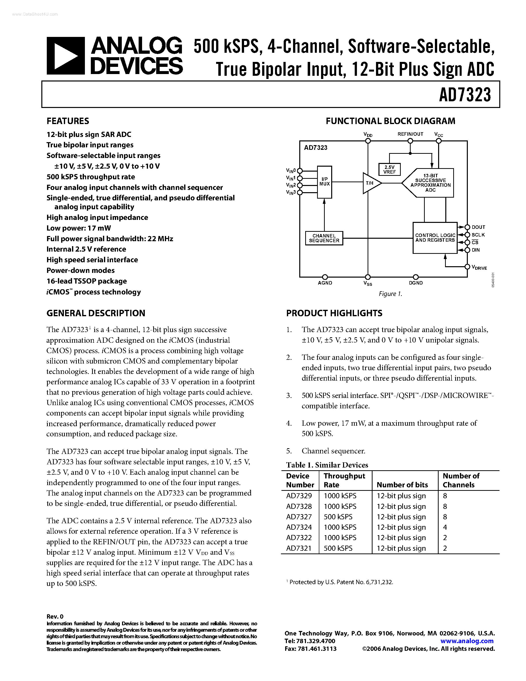 Datasheet AD7323 - 12-Bit Plus Sign ADC page 1