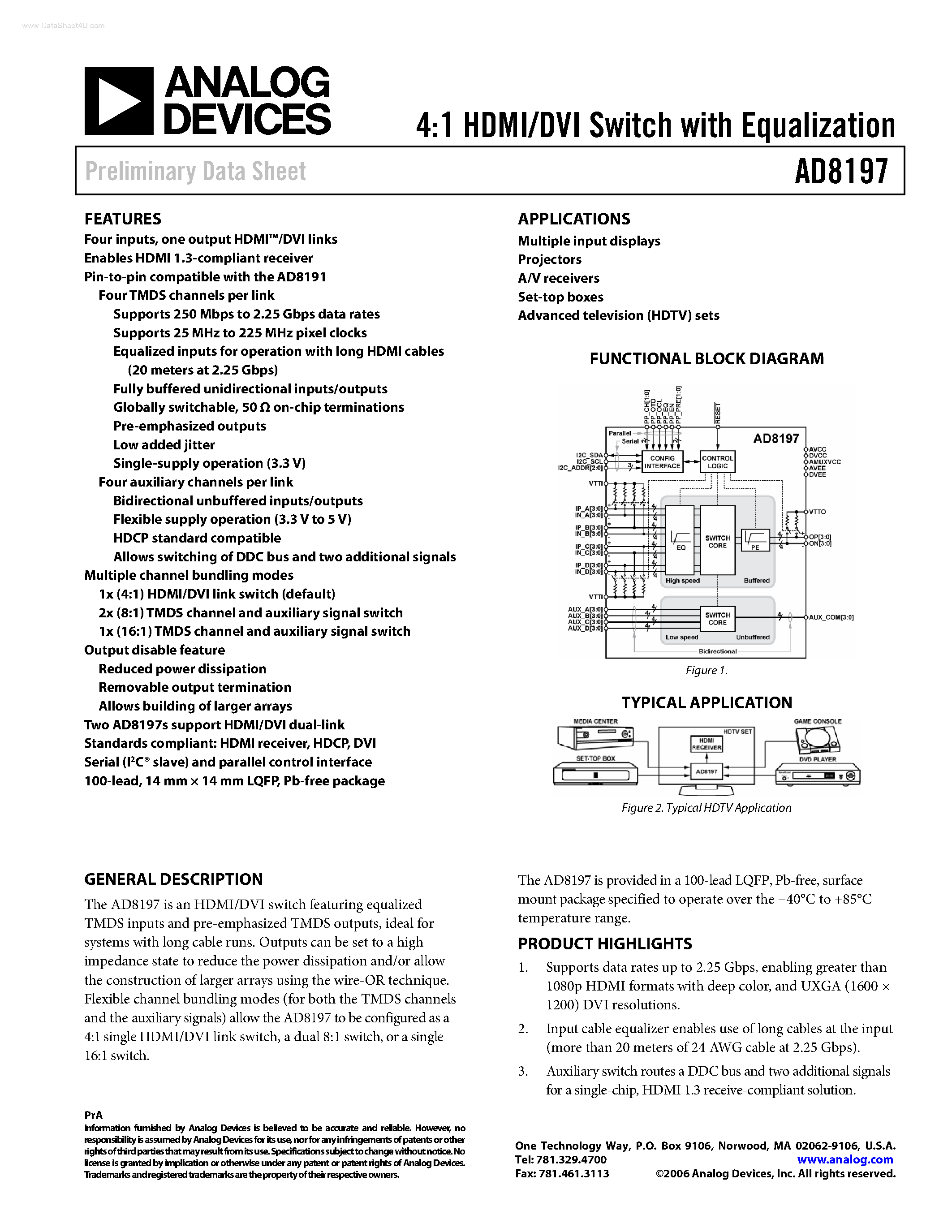 Datasheet AD8197 page 1 Datasheet AD8197 - 4:1 HDMI/DVI Switch page 1