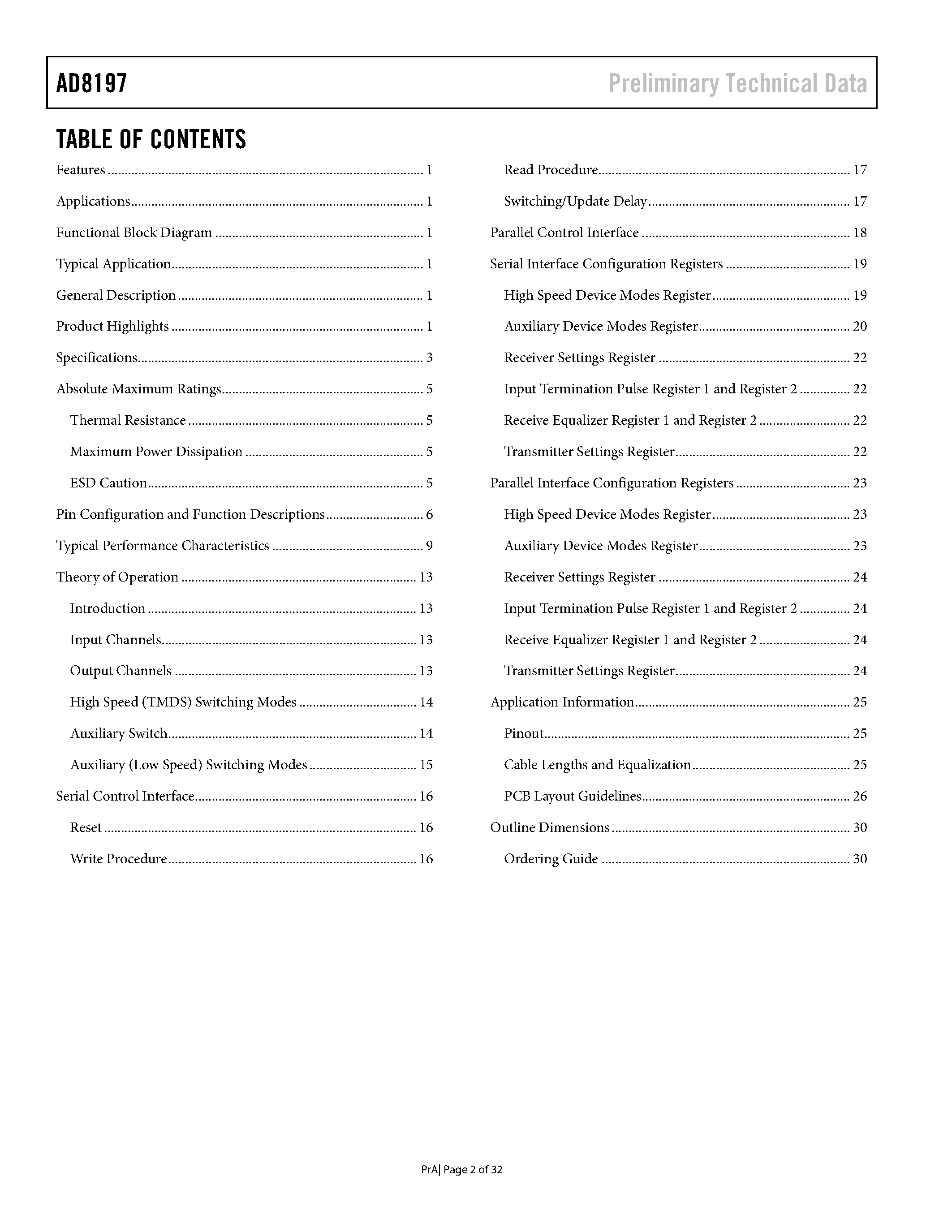 Datasheet AD8197 page 2 Datasheet AD8197 - 4:1 HDMI/DVI Switch page 2