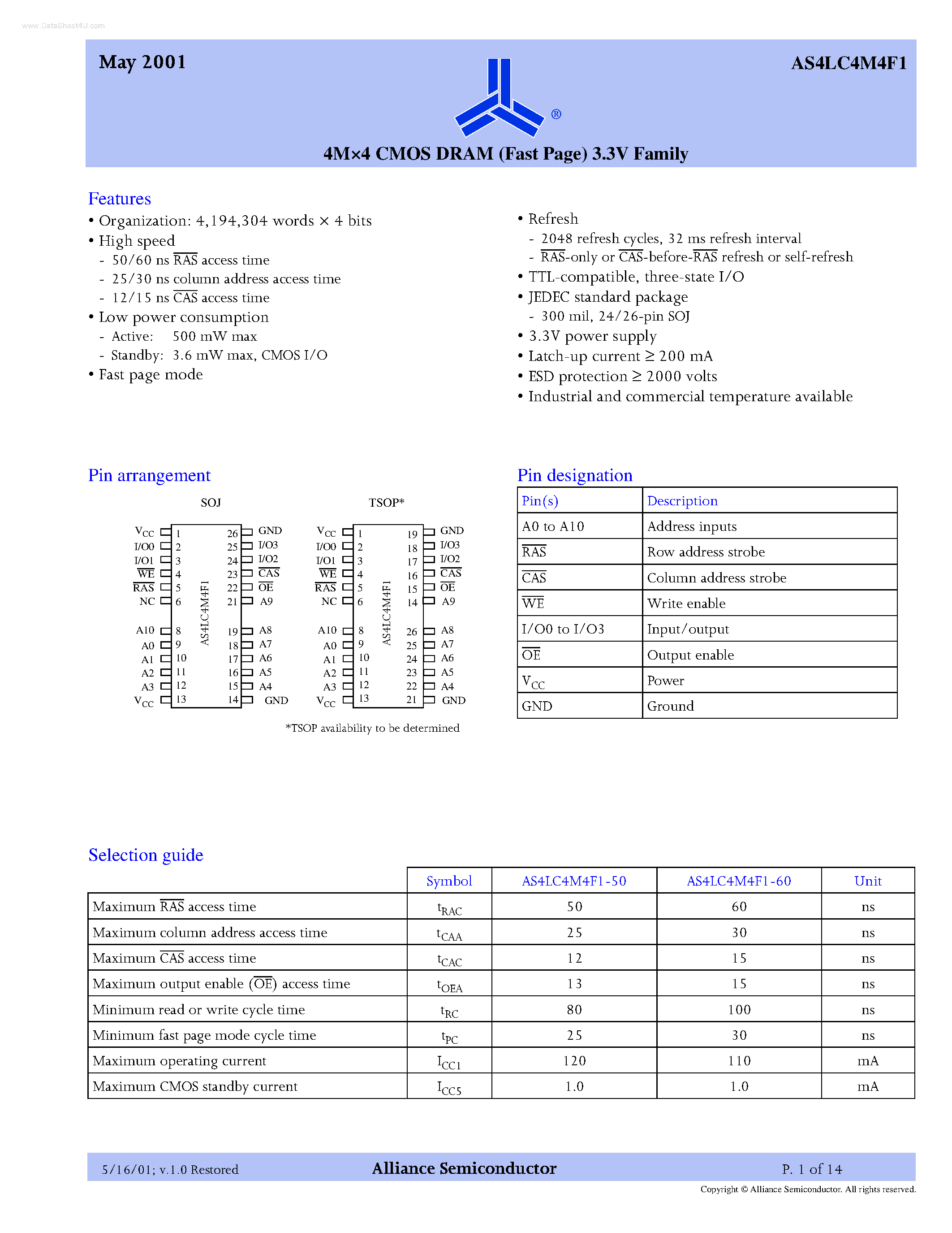 Datasheet AS4LC4M4F1 - 4M x 4 CMOS DRAM page 1