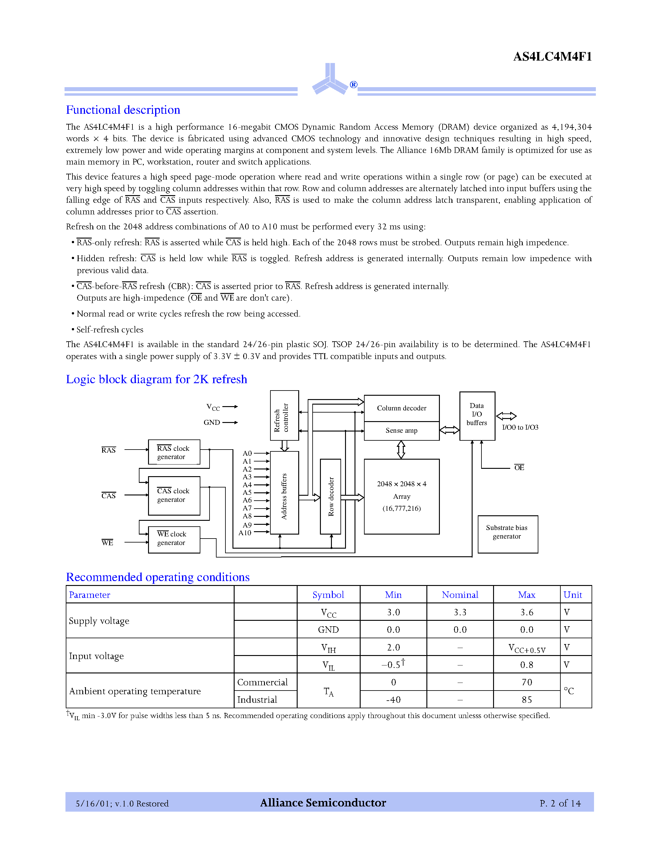 Datasheet AS4LC4M4F1 - 4M x 4 CMOS DRAM page 2